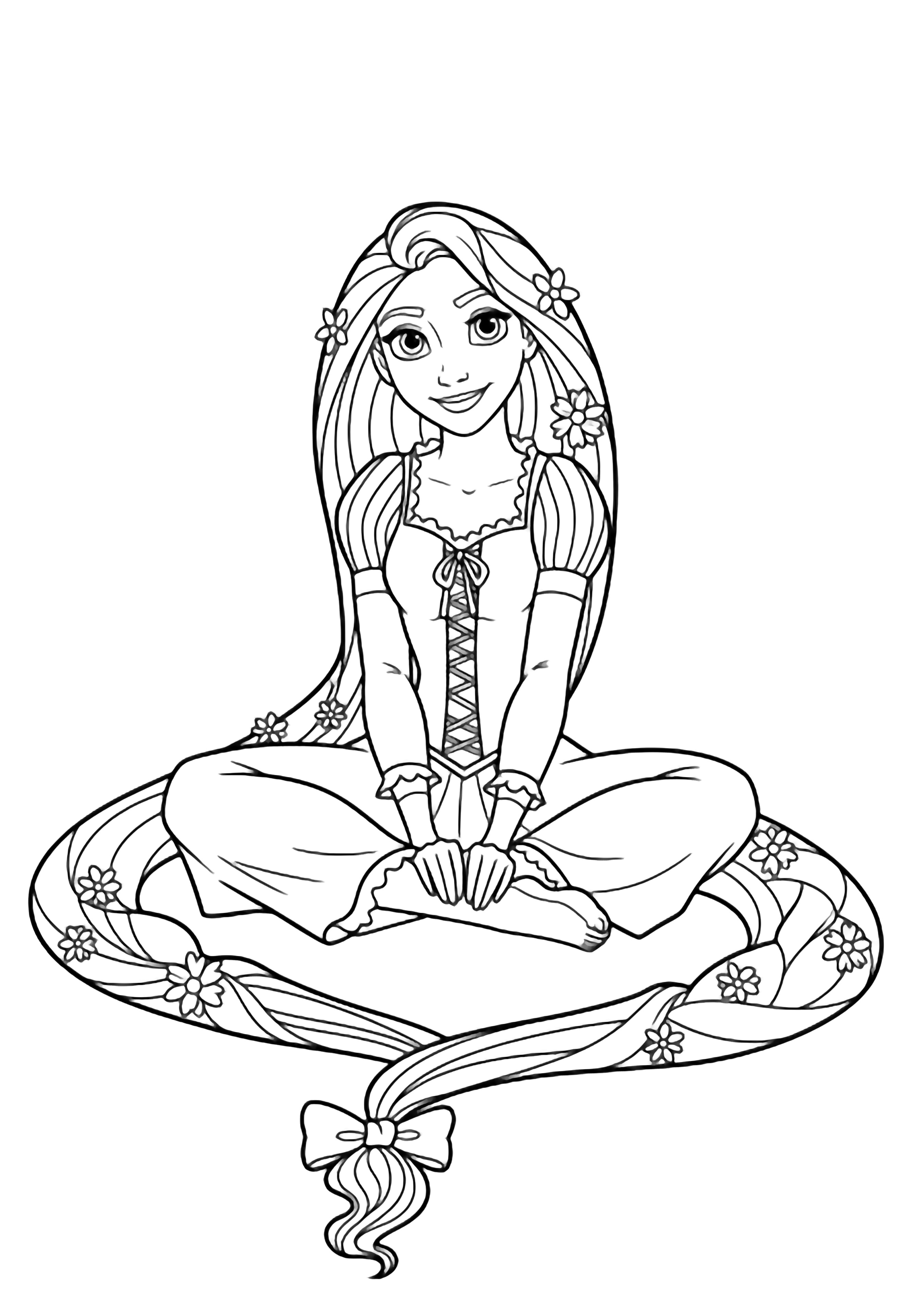 Rapunzel sits cross-legged, her endless braid coiled twice around her like a gentle serpent, hands resting on knees, smiling softly. kleurplaat