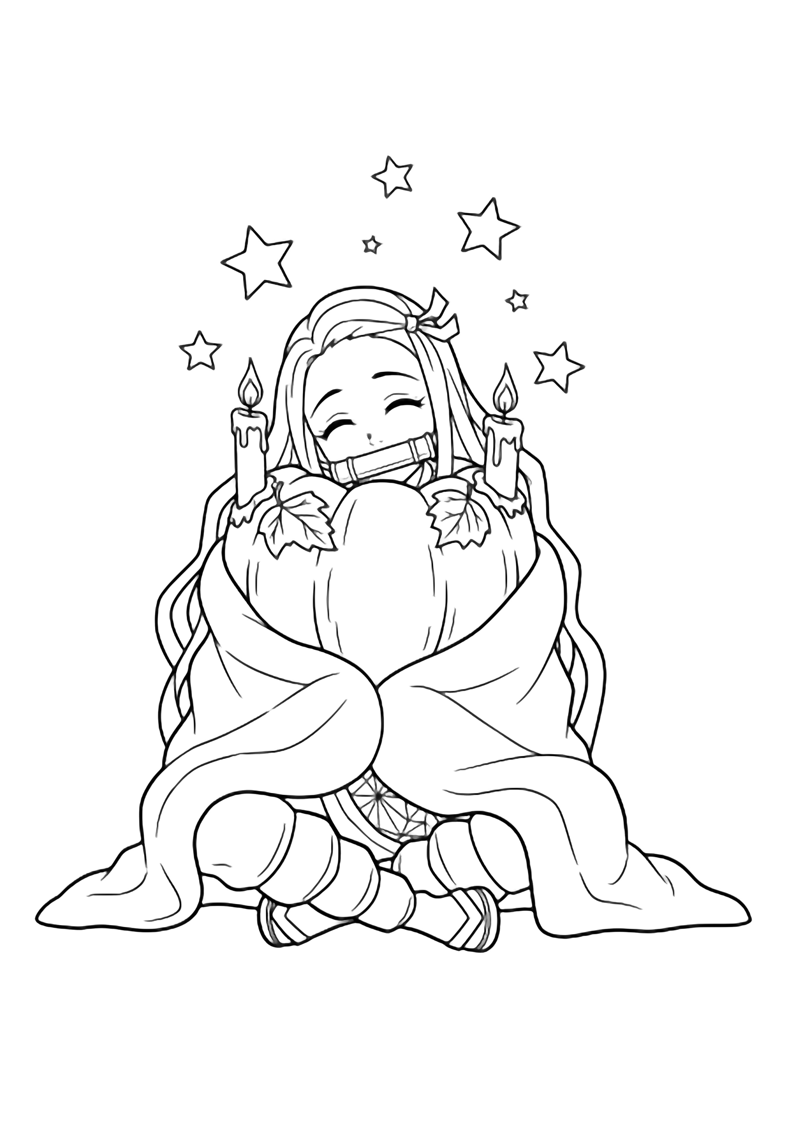 Nezuko sits cross-legged inside a big blanket, head resting on a pumpkin, two candles beside her, tiny stars overhead. kleurplaat
