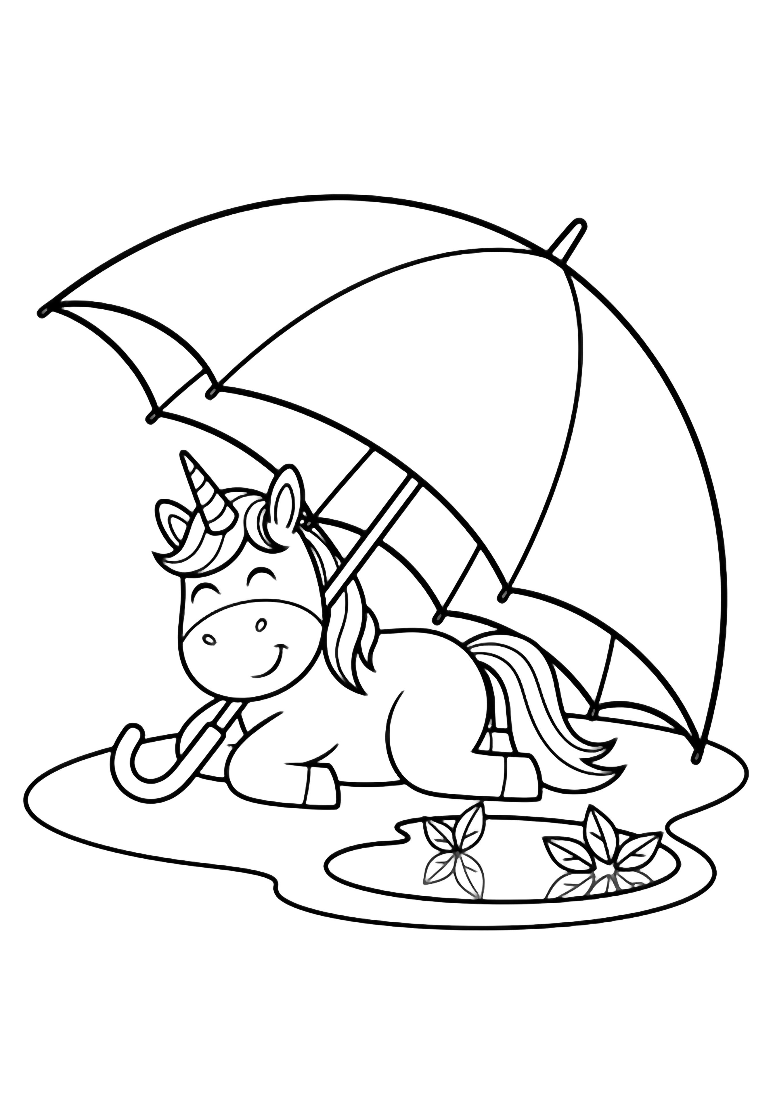 A smiling unicorn rests beneath a large umbrella; a puddle beside it mirrors simple leaf shapes. kleurplaat
