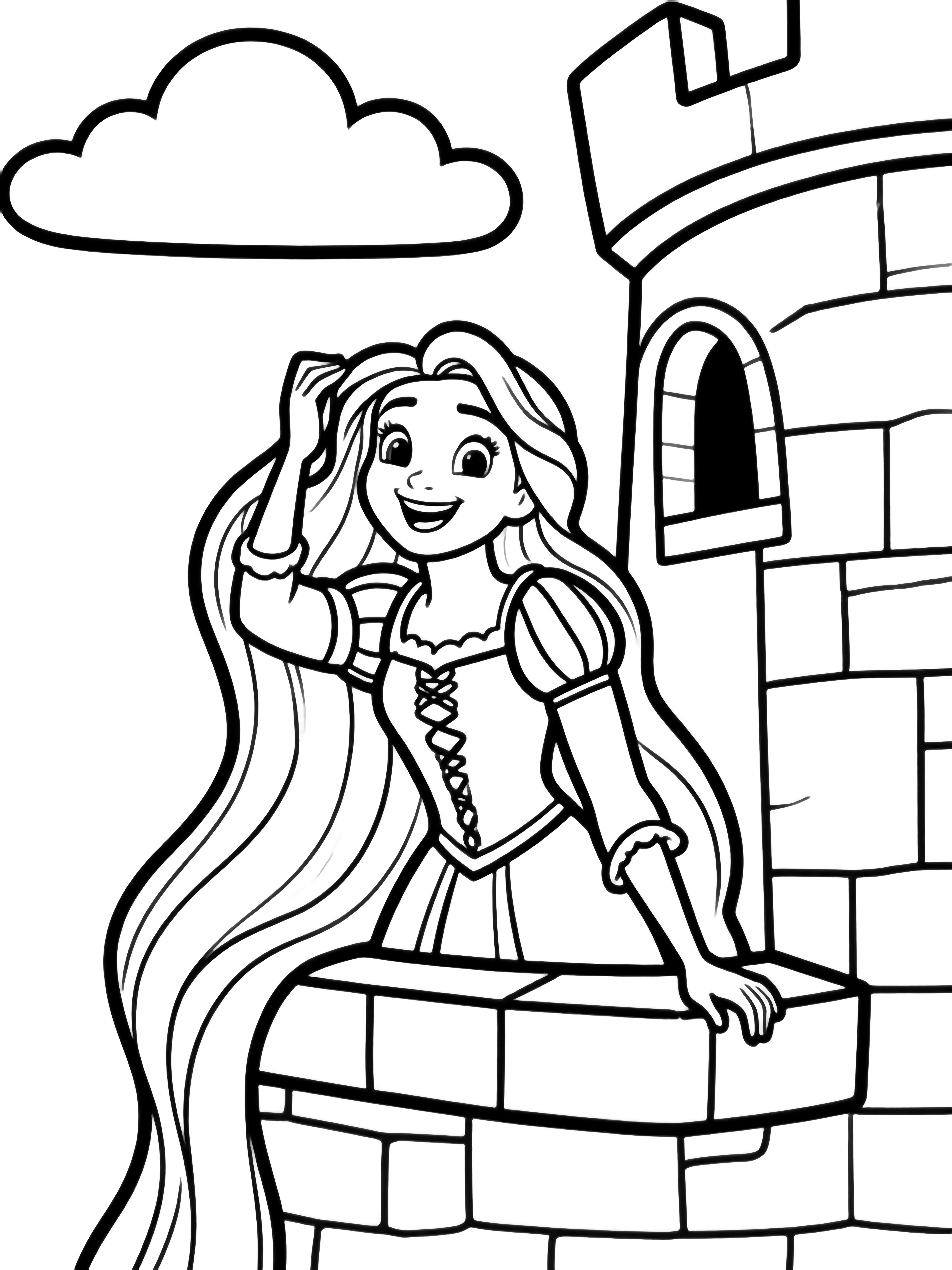 Rapunzel sits on a stone window ledge, her long hair spilling down; she smiles, fingers combing the strands, a tower wall behind, simple clouds drifting above. kleurplaat