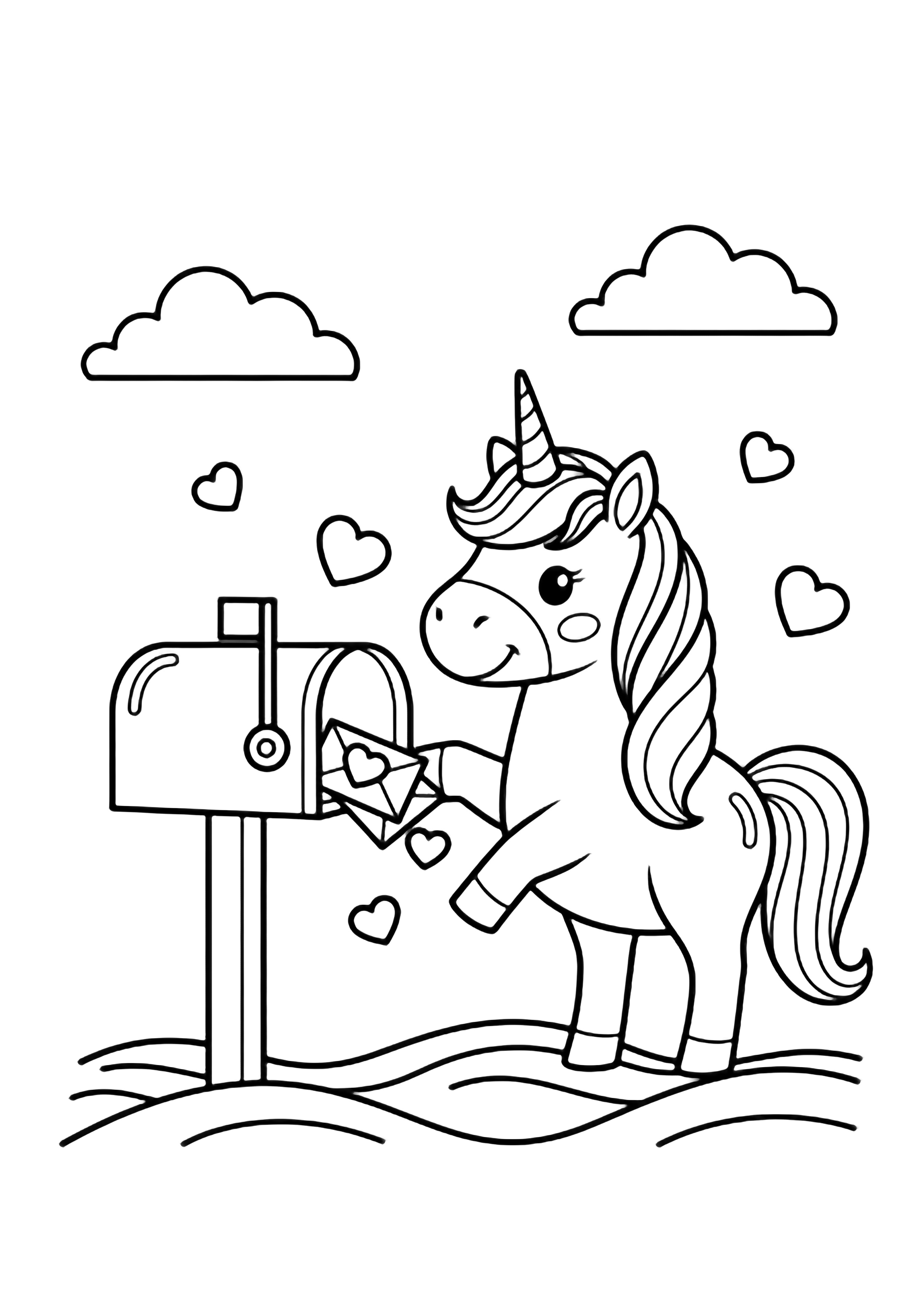A smiling unicorn beside a mailbox dropping heart-shaped letters, with floating hearts, wavy ground, and puffy cloud. kleurplaat