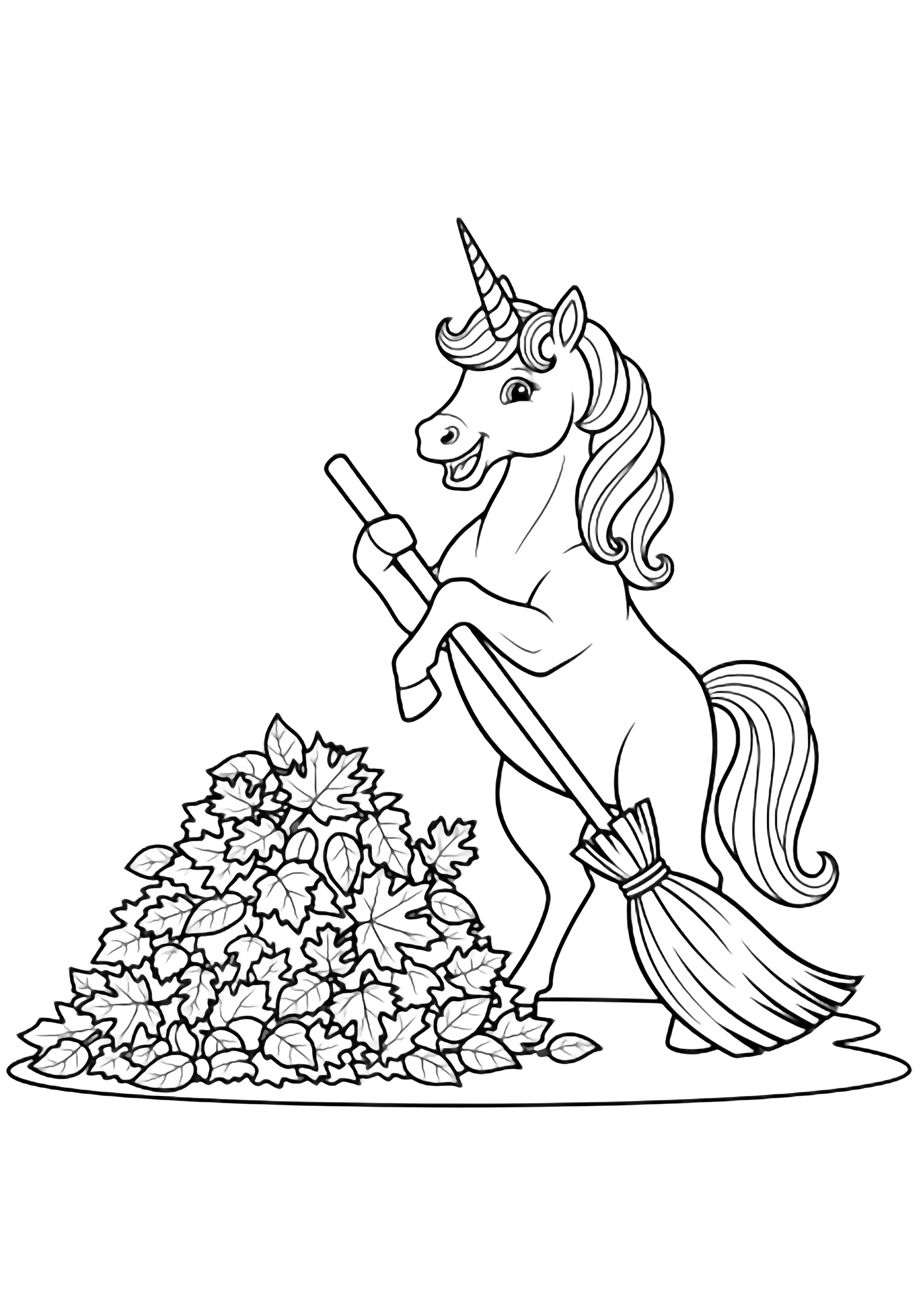 A playful unicorn rears up, sweeping a big leaf pile with a broom, its curly mane and single horn prominent against a simple ground line. kleurplaat