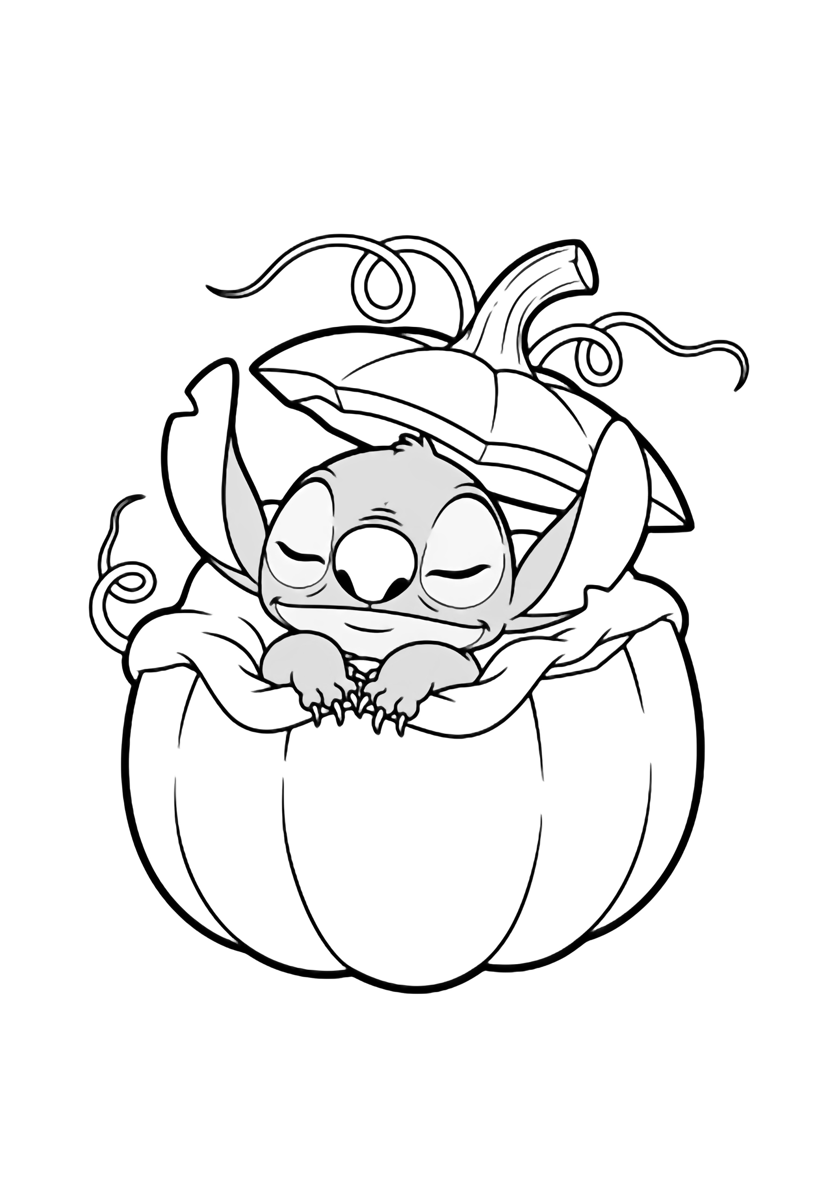 Stitch curled asleep inside a giant pumpkin, eyes closed, tiny claws clutching a fluffy blanket, pumpkin lid ajar above, simple vines curling behind. kleurplaat