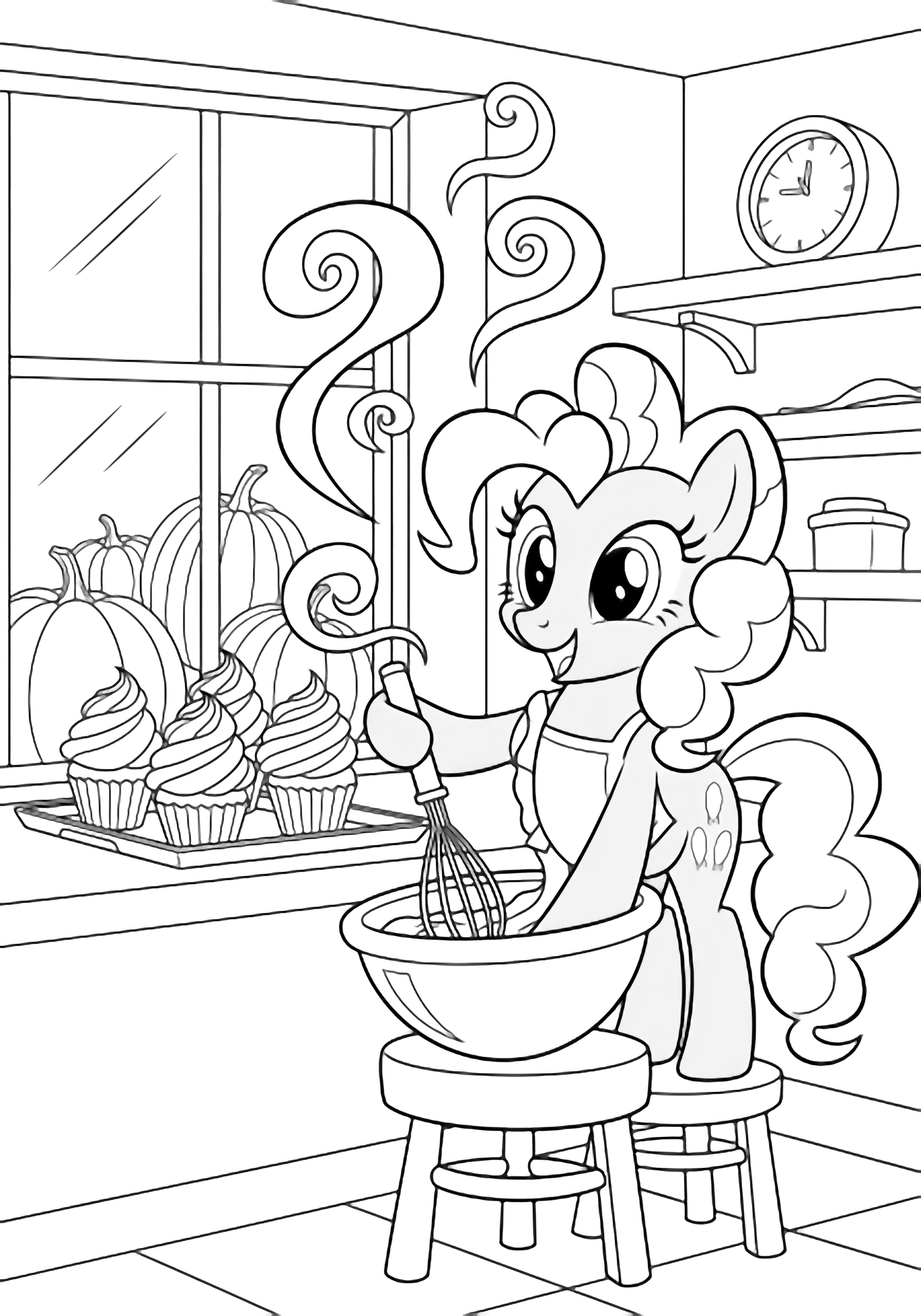 Pinkie Pie on a stool whisking batter; tray of tall cupcakes, pumpkins outside window, shelves, clock, curly steam kleurplaat