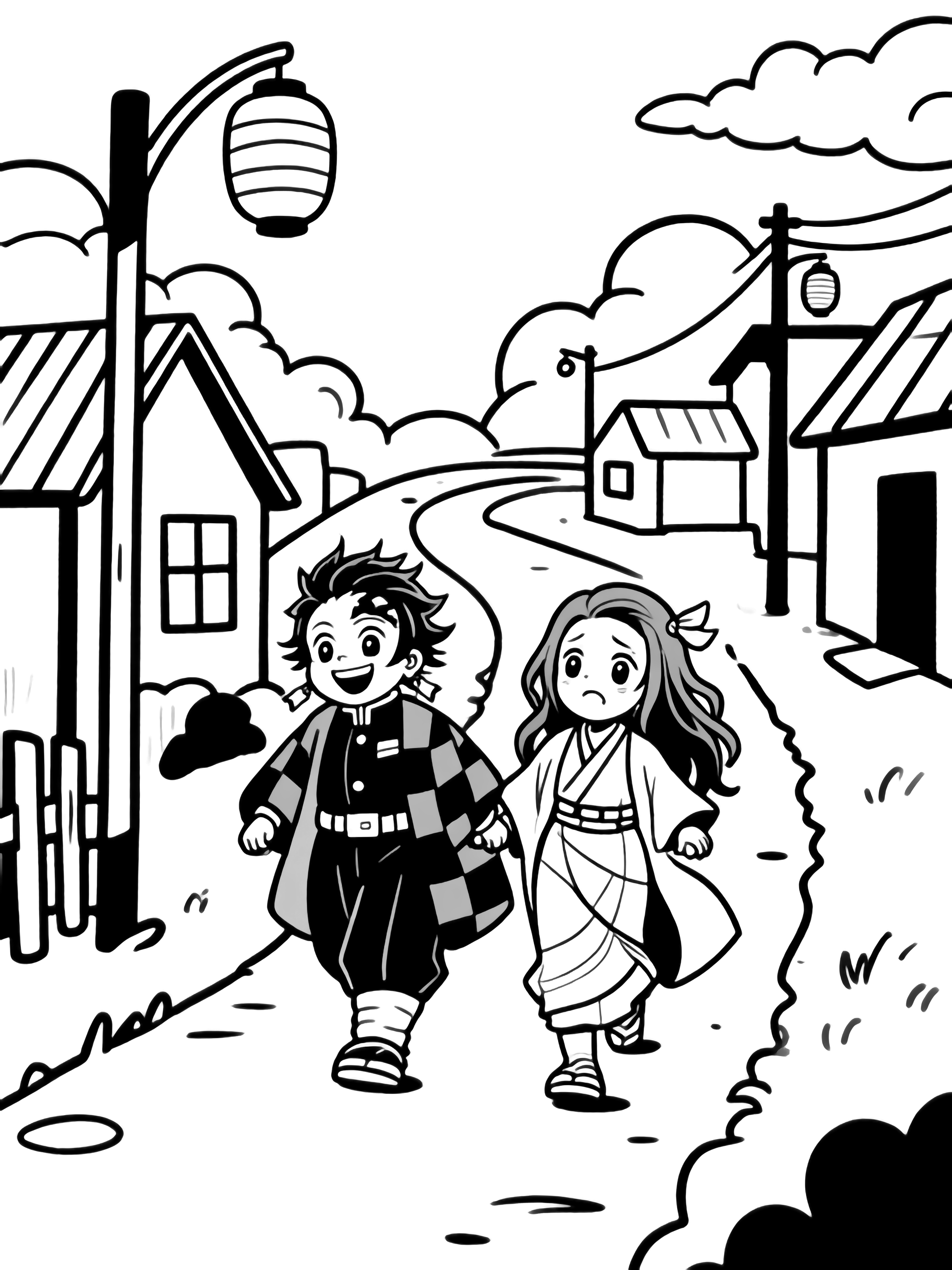 Tanjiro walks ahead of smiling Nezuko, anxious Zenitsu, and boar-masked Inosuke along a curving village lane lined with simple houses, lantern poles, and rolling clouds. kleurplaat