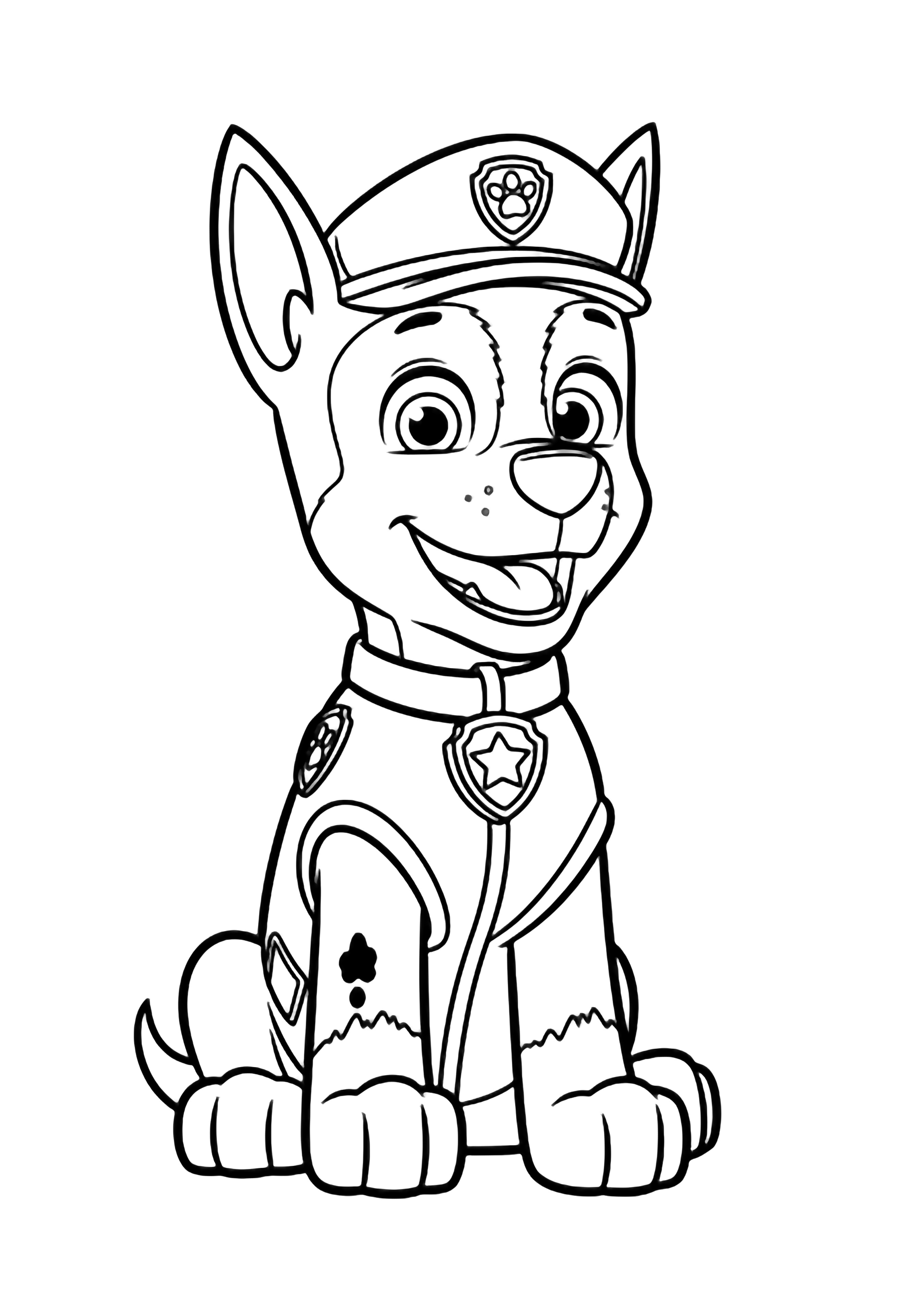 Chase the police pup sits alert, ears up, badge and hat centered, mouth open in a friendly pant. kleurplaat