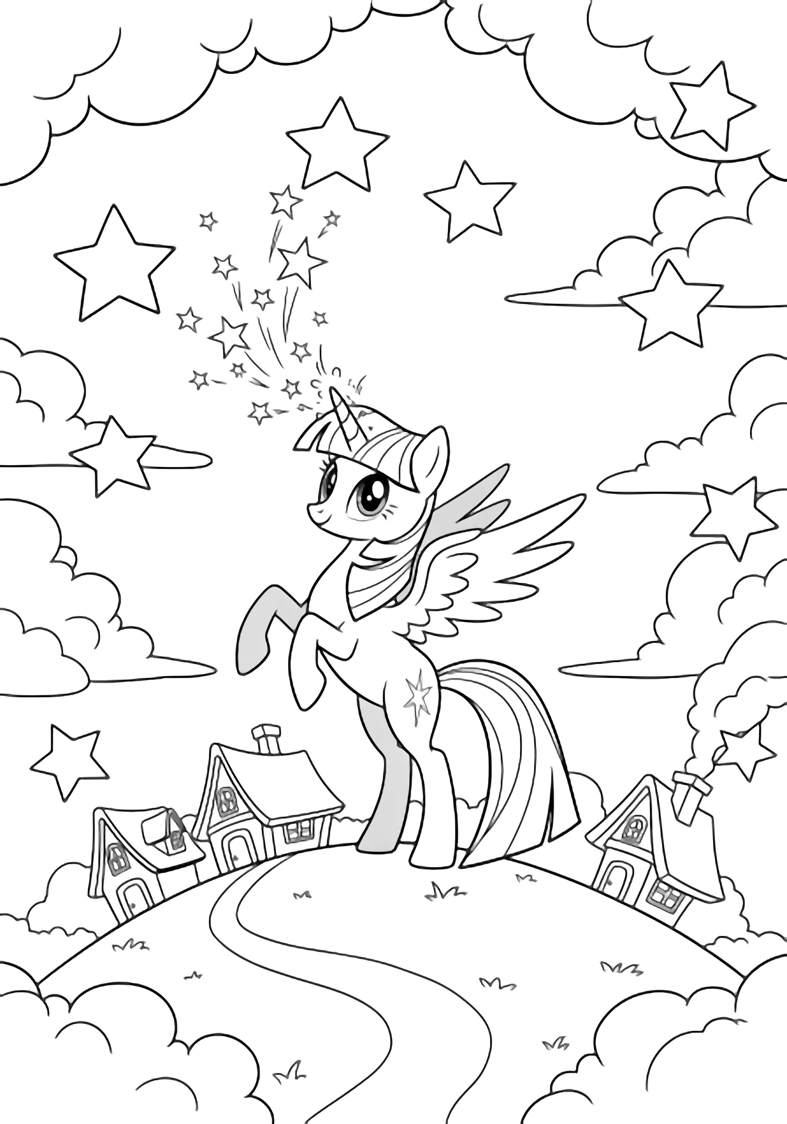 Twilight Sparkle rears atop a hill, horn sparkling star magic; cottage roofs and a curving path below, sky of big outlined stars and soft clouds. kleurplaat