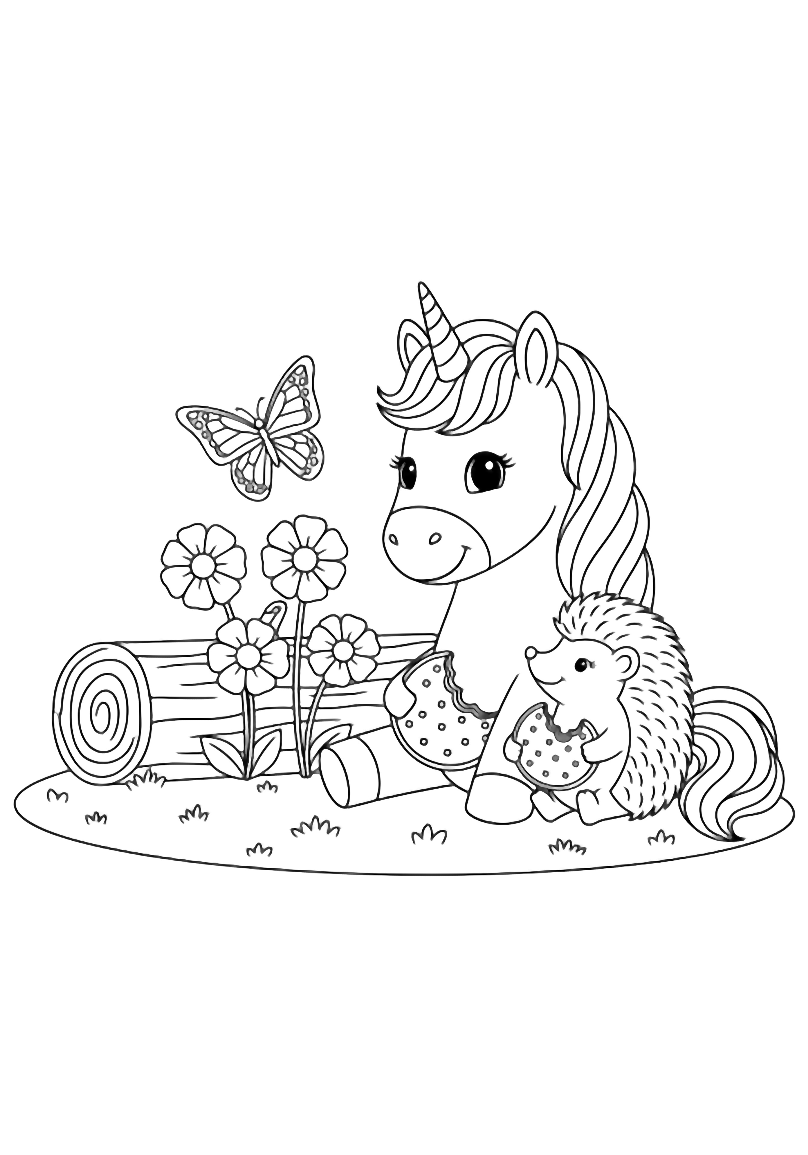 A smiling unicorn and a tiny hedgehog share a cookie on the forest floor; a log, three flowers, and a butterfly complete the scene. kleurplaat
