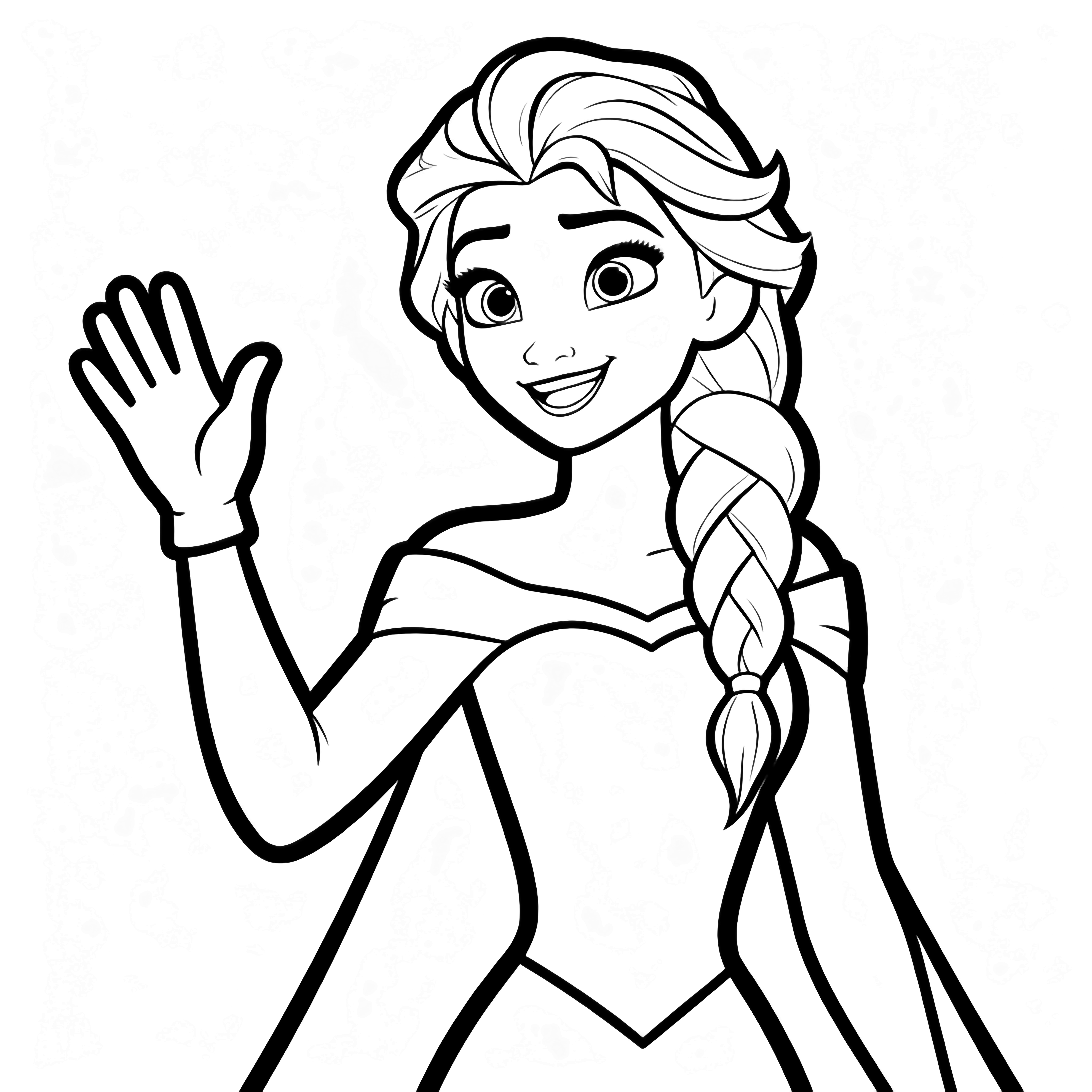 Elsa smiling and waving, her long blonde hair flowing, wearing a simple dress. kleurplaat
