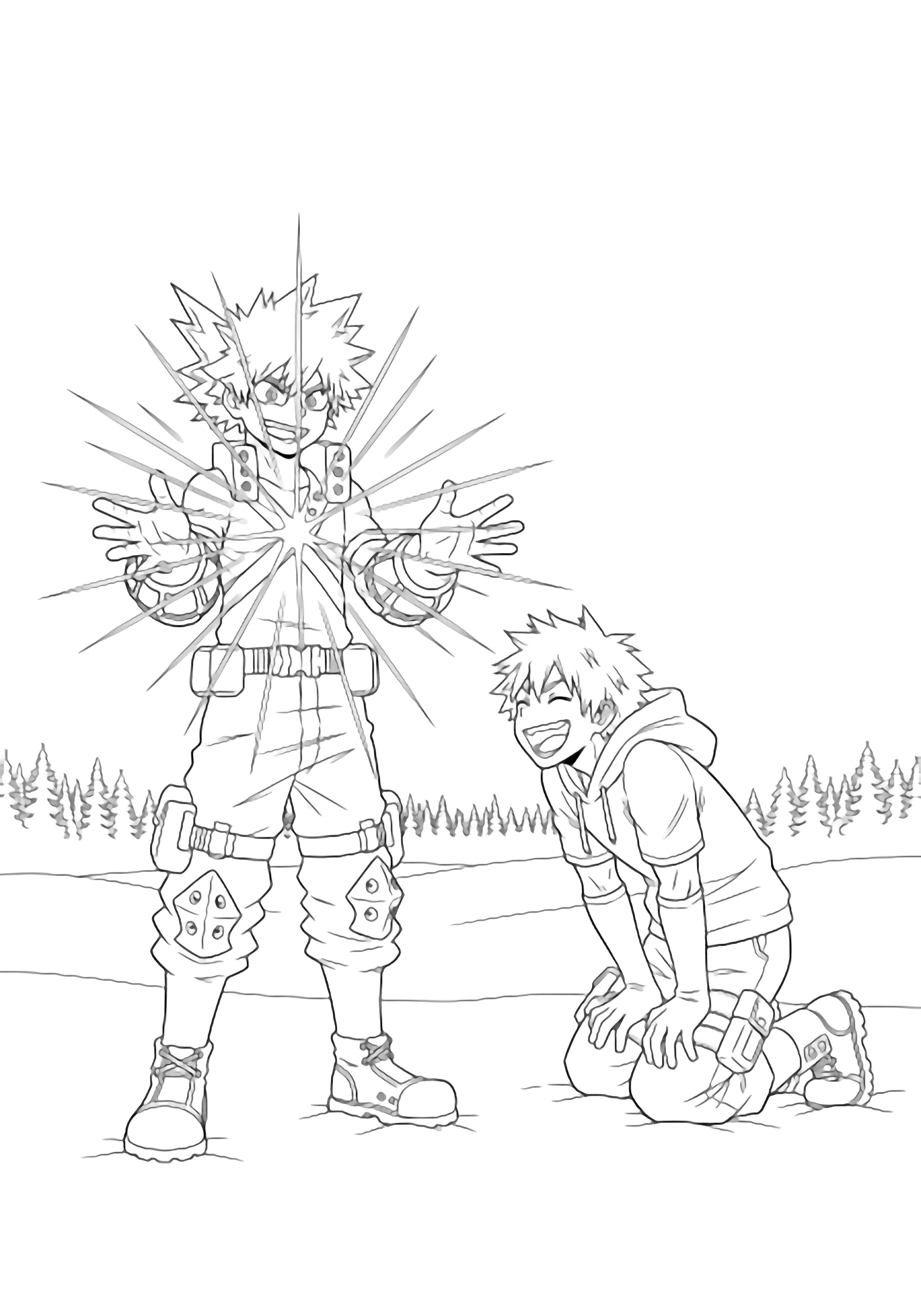 Bakugo thrusts his palms forward, snow bursting outward; Kirishima laughs beside him, snowy ground and distant pines behind. kleurplaat
