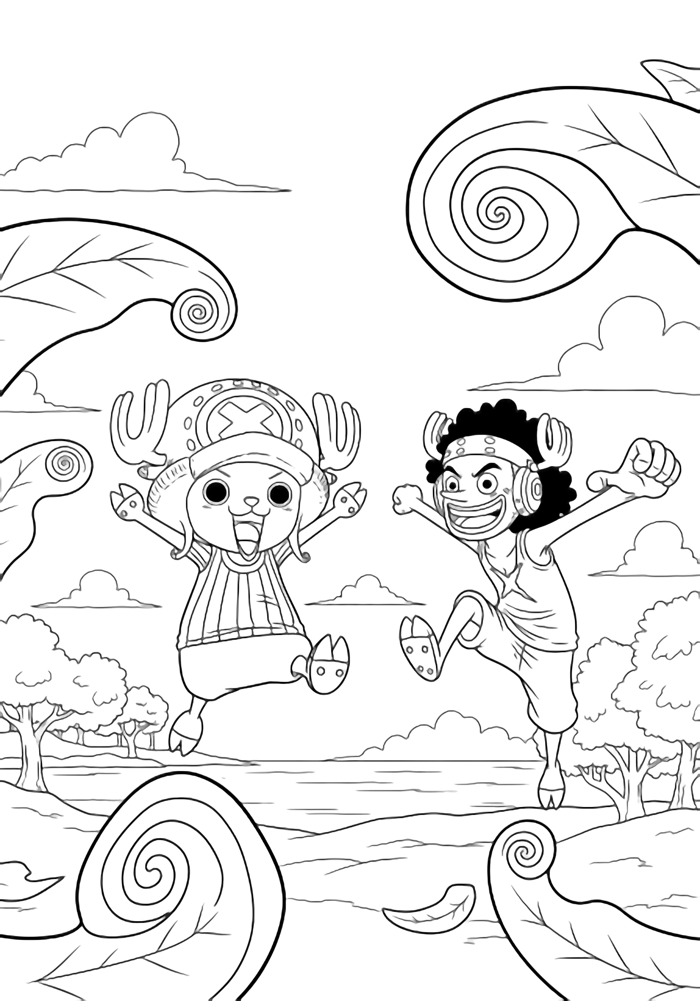 Chopper mid-bounce with arms wide, Usopp leaping beside him, both grinning amid swirling leaves, shoreline trees and clouds framing the scene. kleurplaat