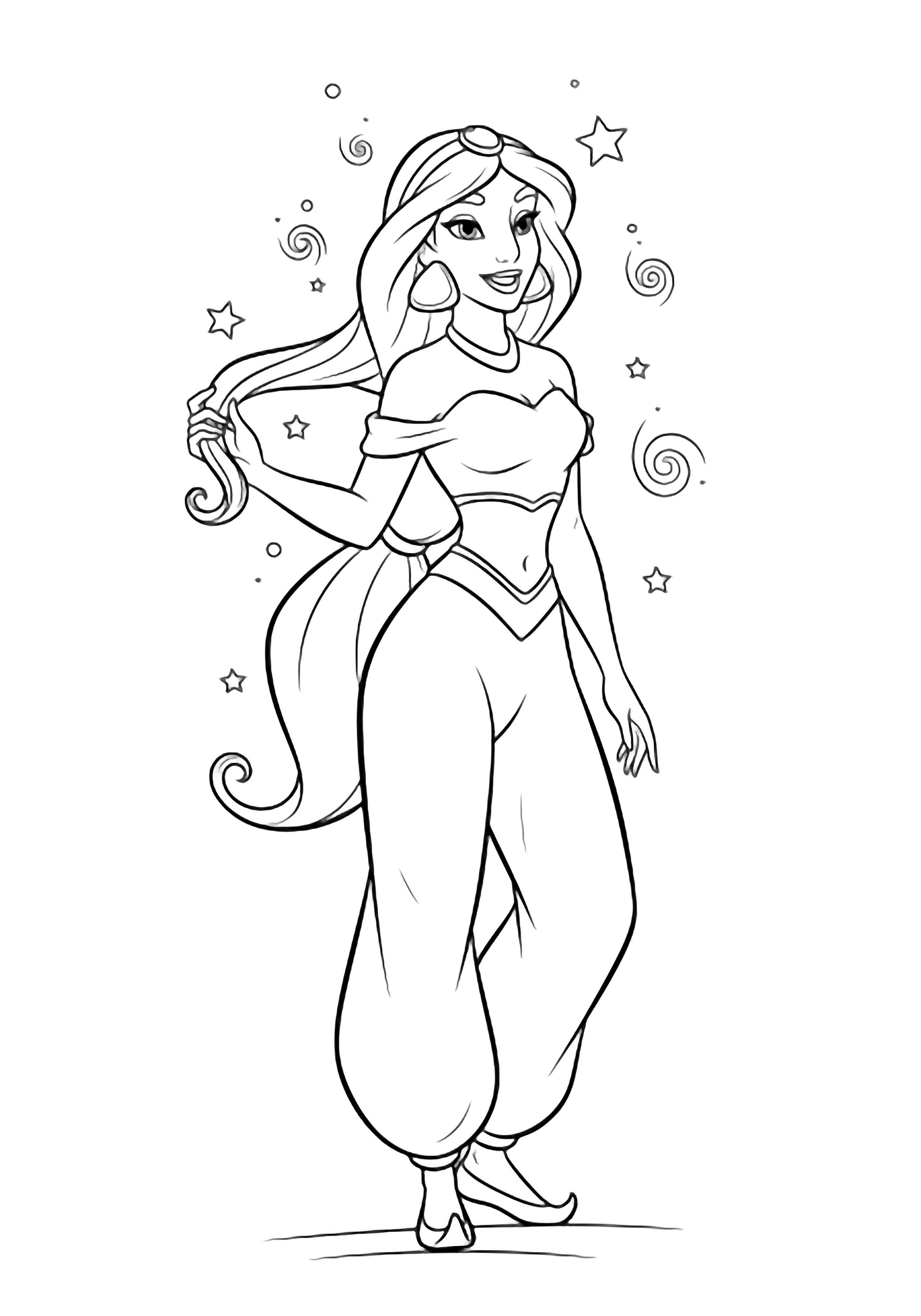 Jasmine stands gracefully twirling a lock of hair, tiny stars and swirls drifting around her. kleurplaat