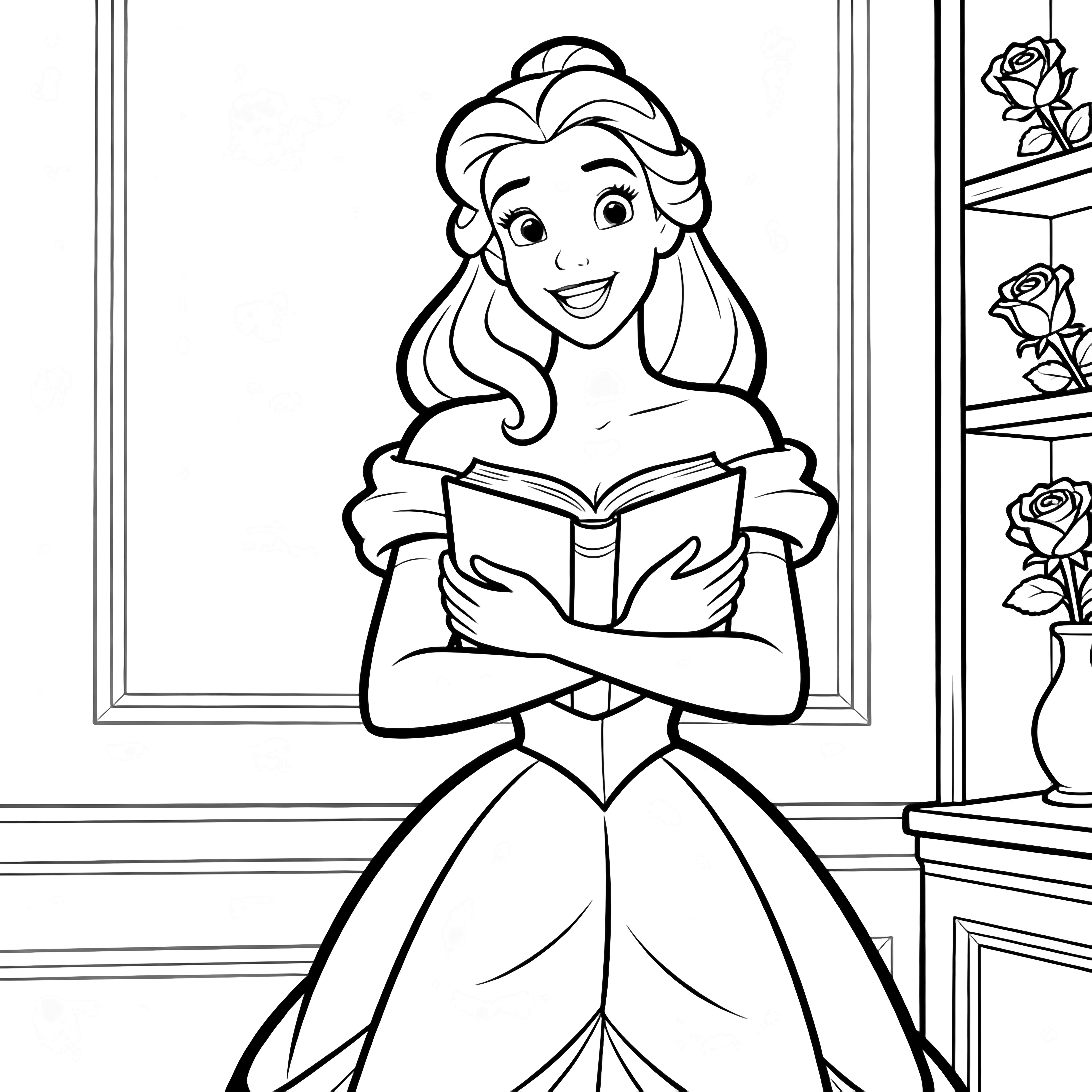 Belle stands smiling, hugging an open book to her chest; gentle hair curves, gown folds, a single rose and shelf behind her. kleurplaat