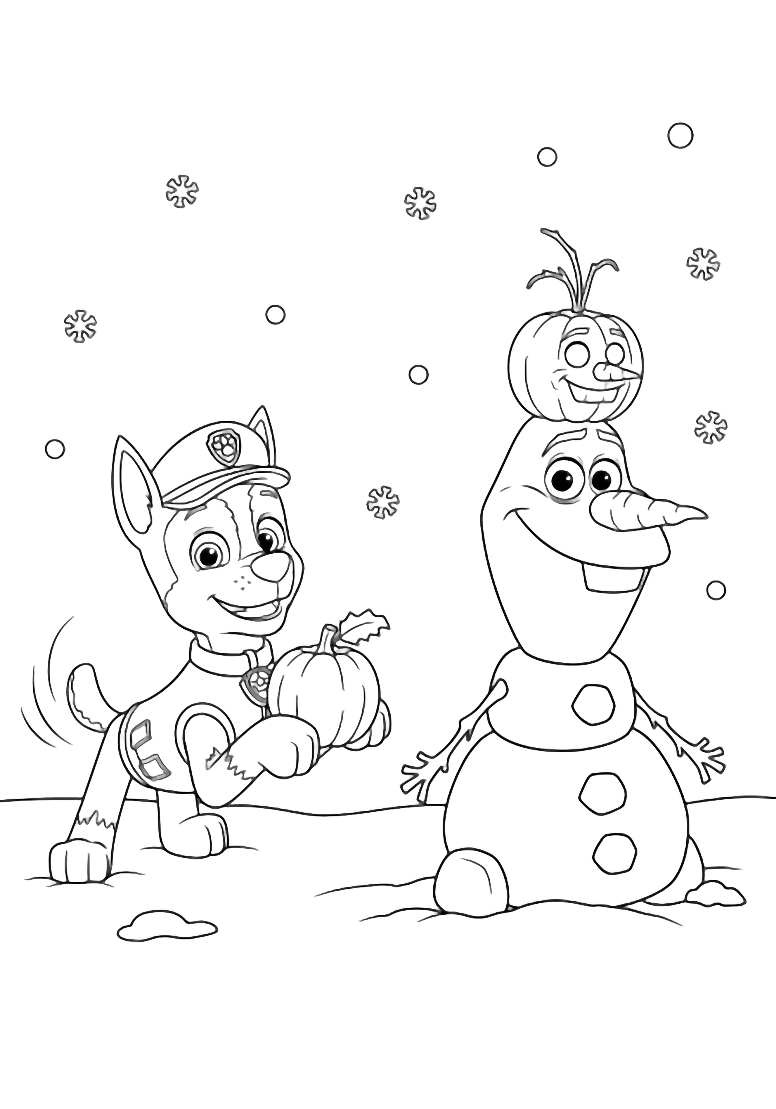 Chase wags his tail holding a small pumpkin; Olaf stacks two snowballs with a pumpkin carrot nose; simple snowy ground and falling snowflakes around them. kleurplaat