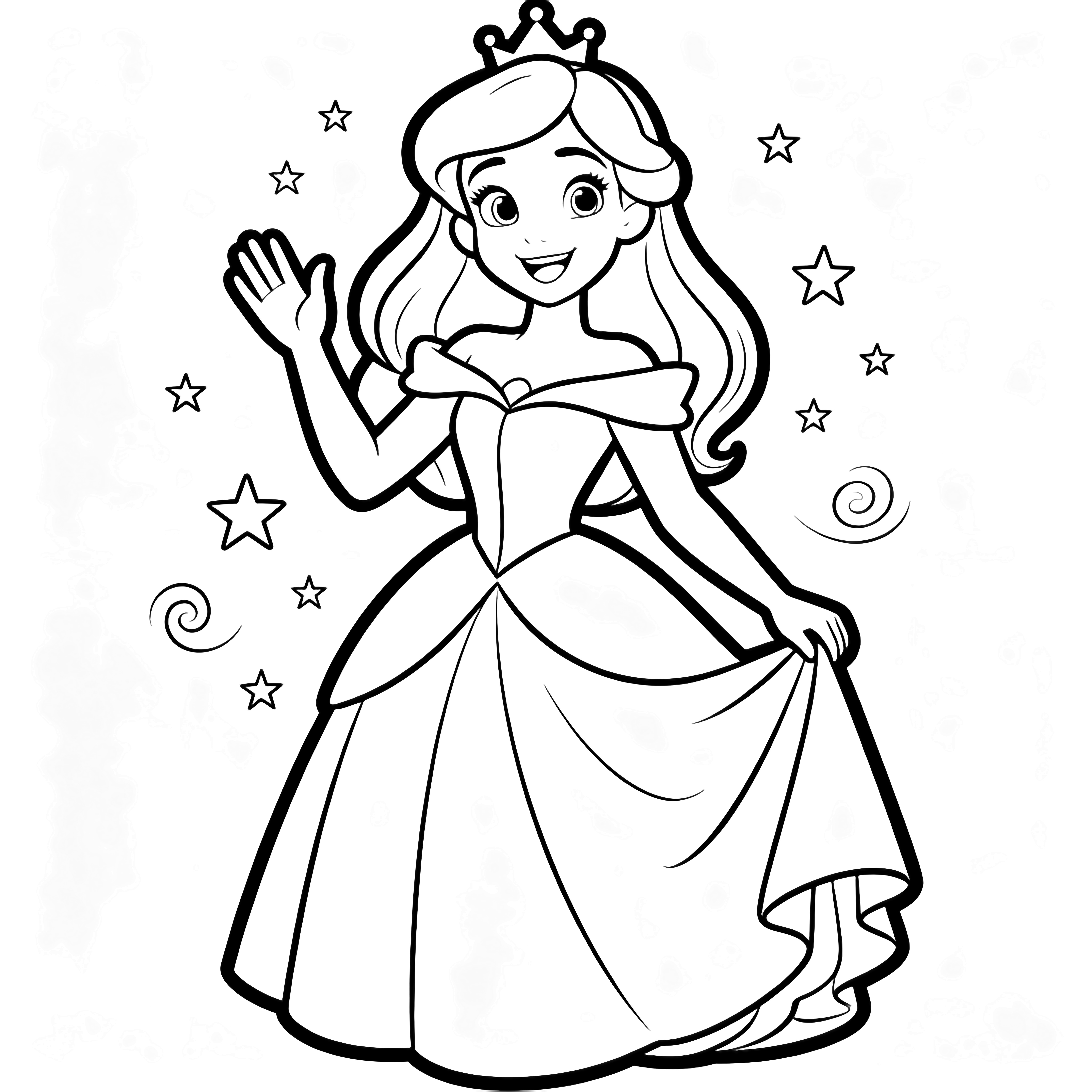 Princess Aurora waves cheerfully, her flowing hair and simple gown surrounded by drifting stars and swirls. kleurplaat