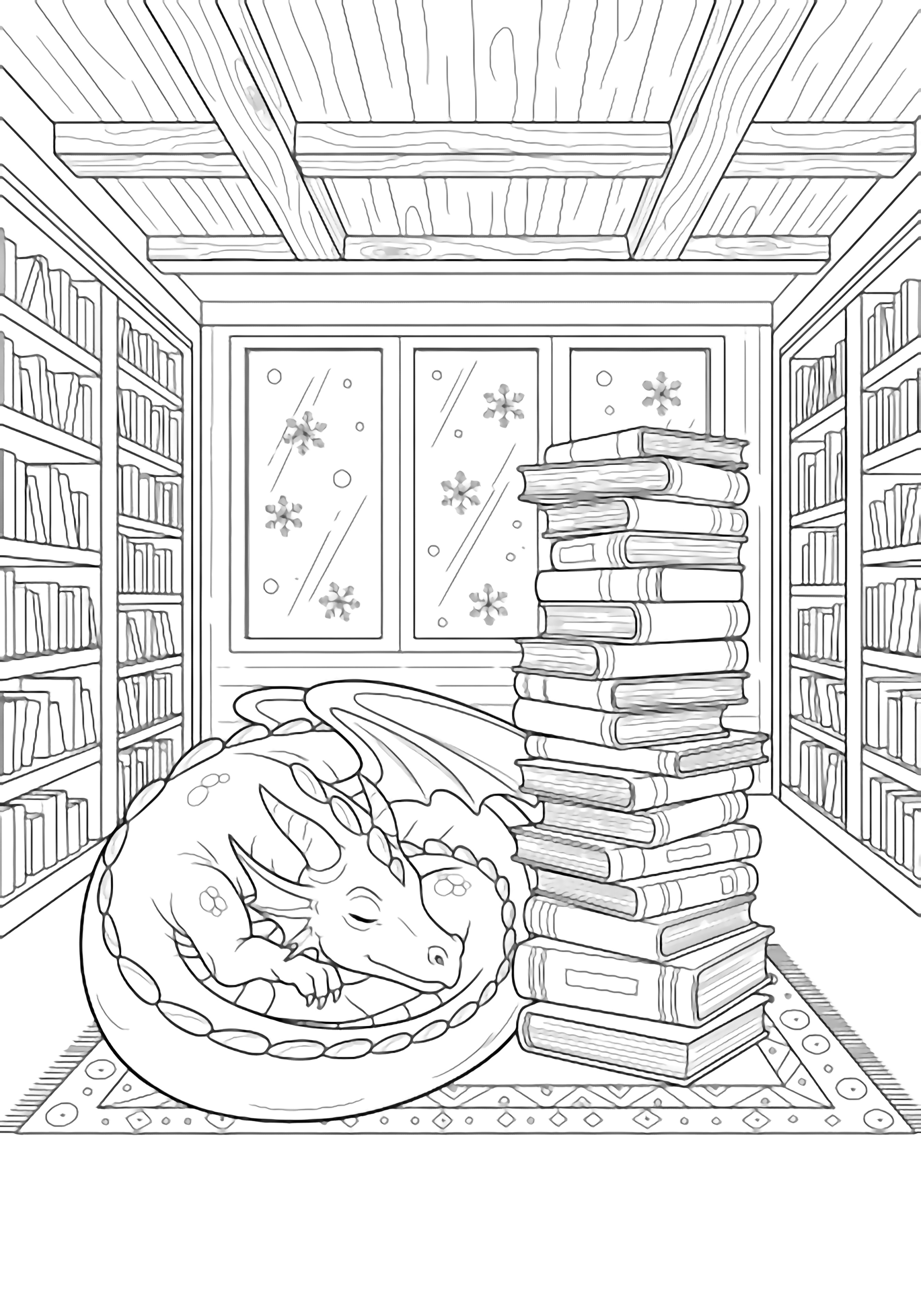 Sleeping dragon curled beside stacked books on a rug, snow drifting past tall library shelves and beams. kleurplaat