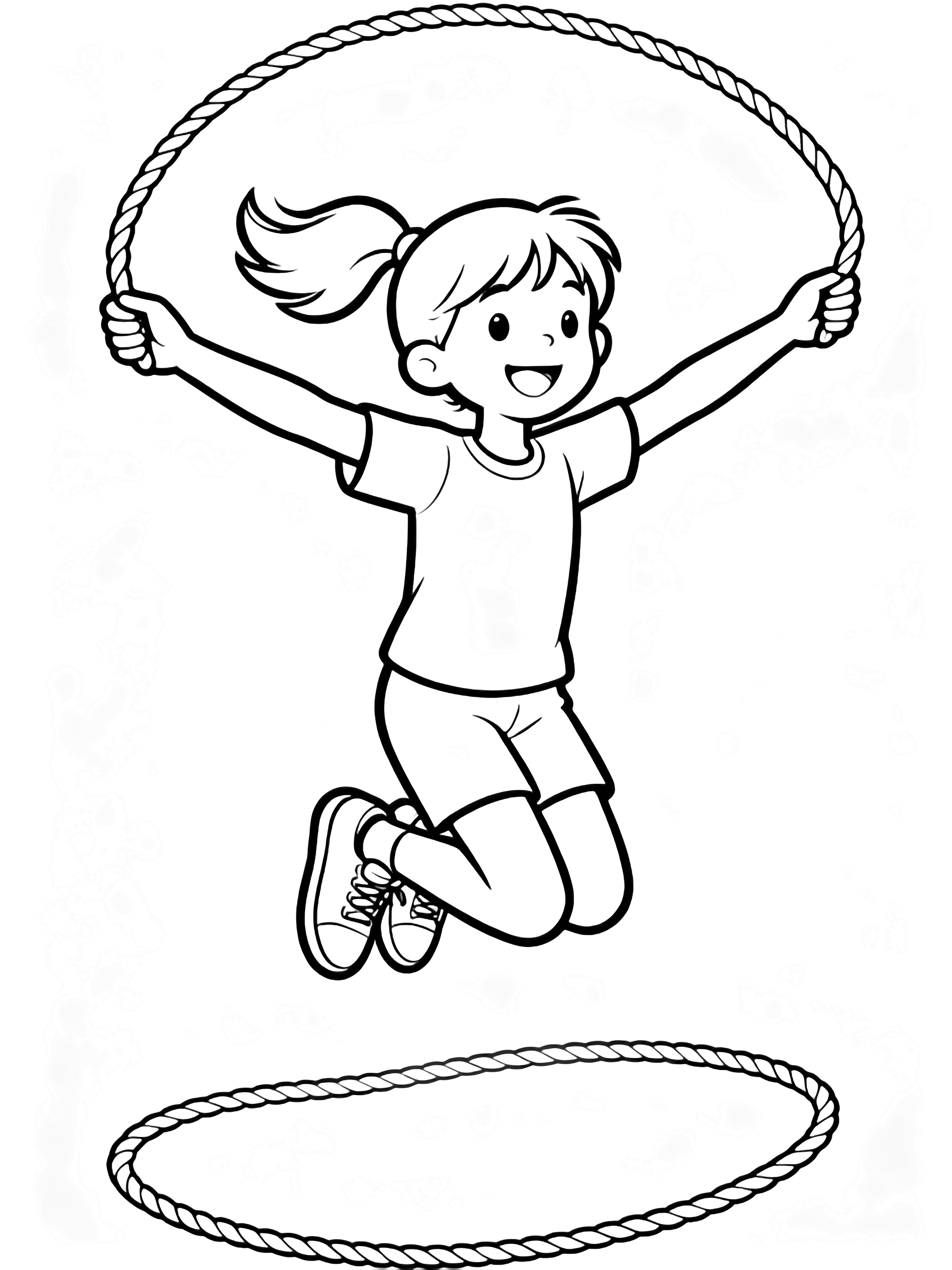 A joyful child leaps with arms out, ponytail and jump-rope arcing overhead, sneakers lifted high against empty white space. kleurplaat