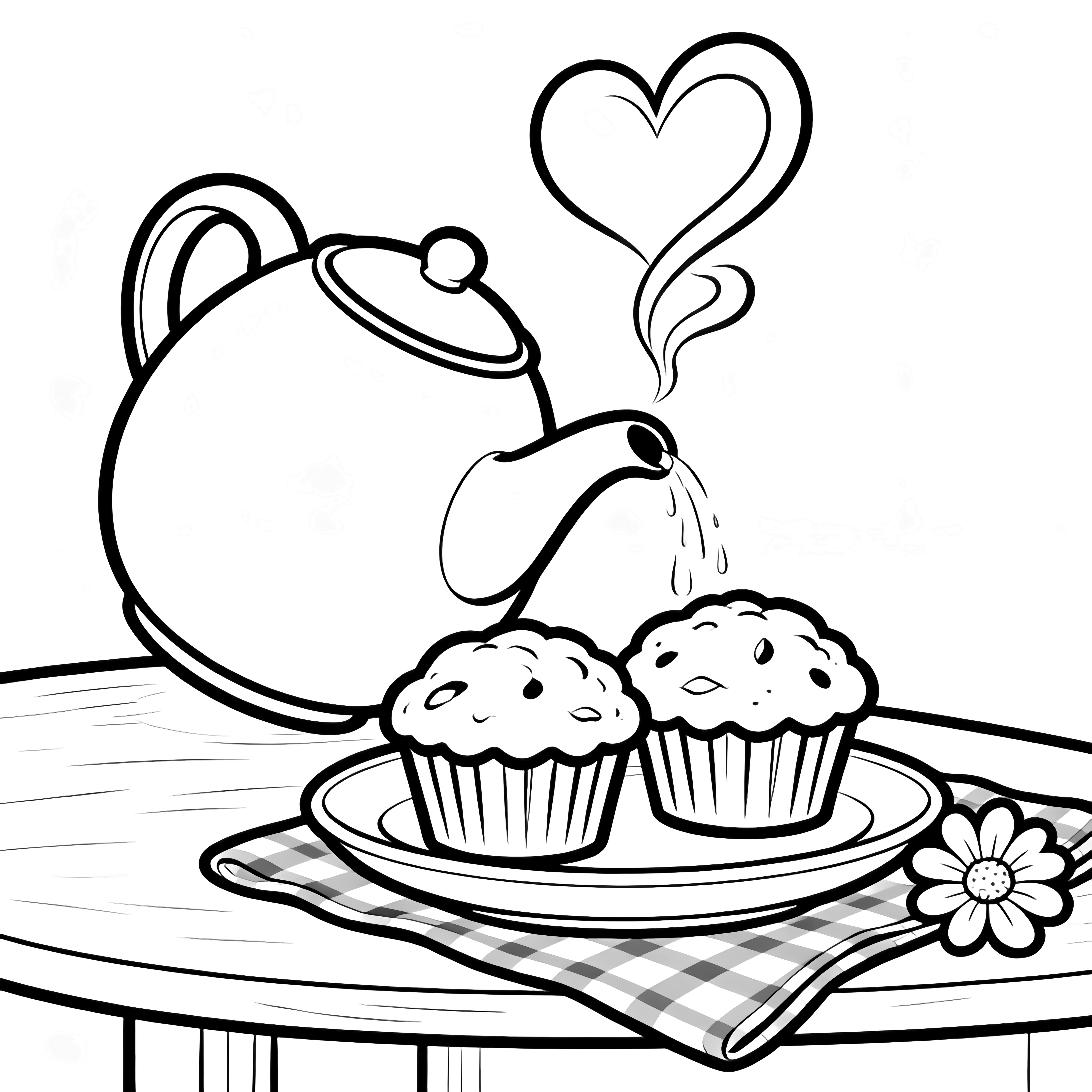 A plump teapot tips over a table, pouring heart-shaped steam above two muffins on a plate beside a checkered cloth and one flower. kleurplaat