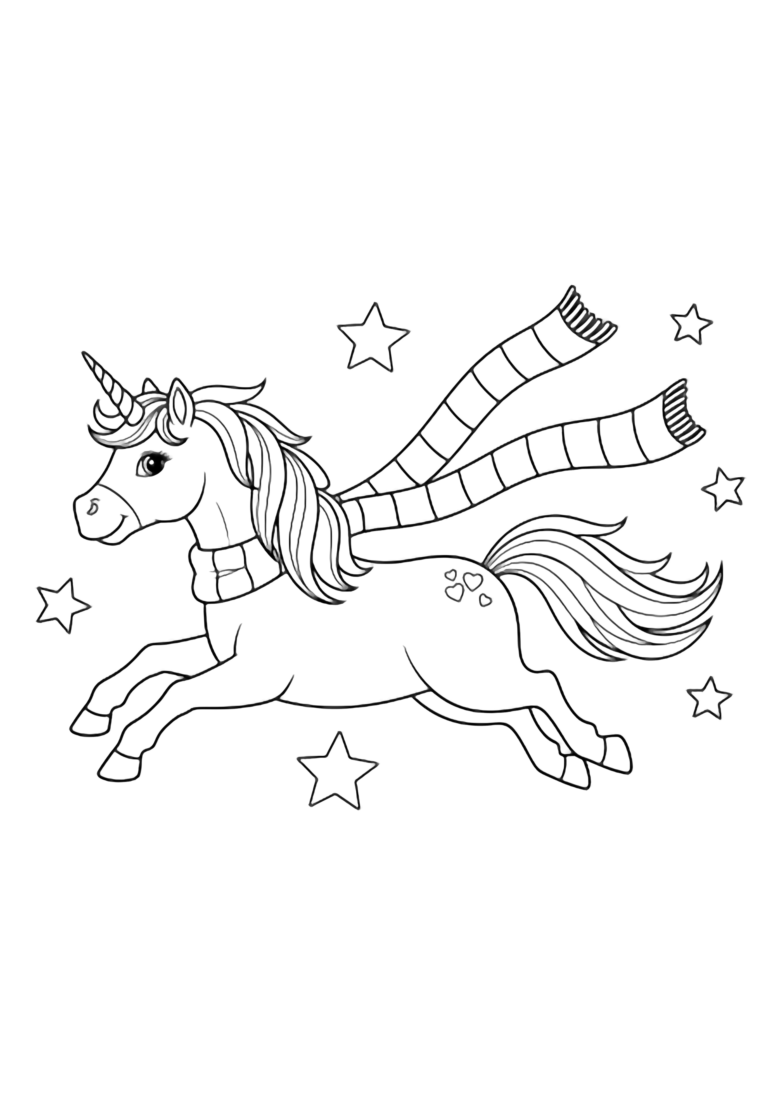 A smiling unicorn with flowing mane glides across the page, its long striped scarf fluttering behind; five-point stars twinkle around in simple outlines. kleurplaat