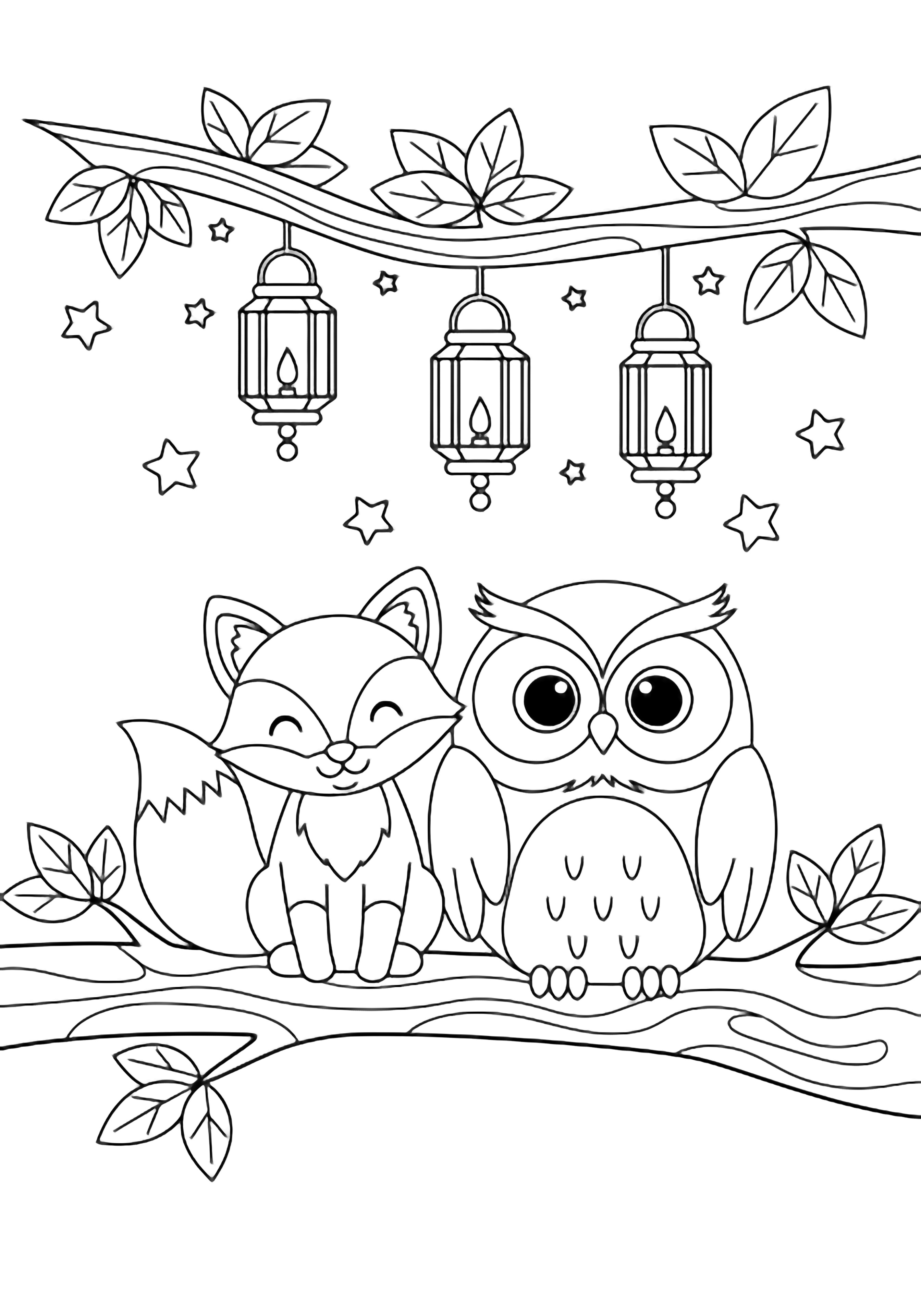 A cheerful fox and plump owl share a branch while three lanterns, leaves, and stars float overhead. kleurplaat