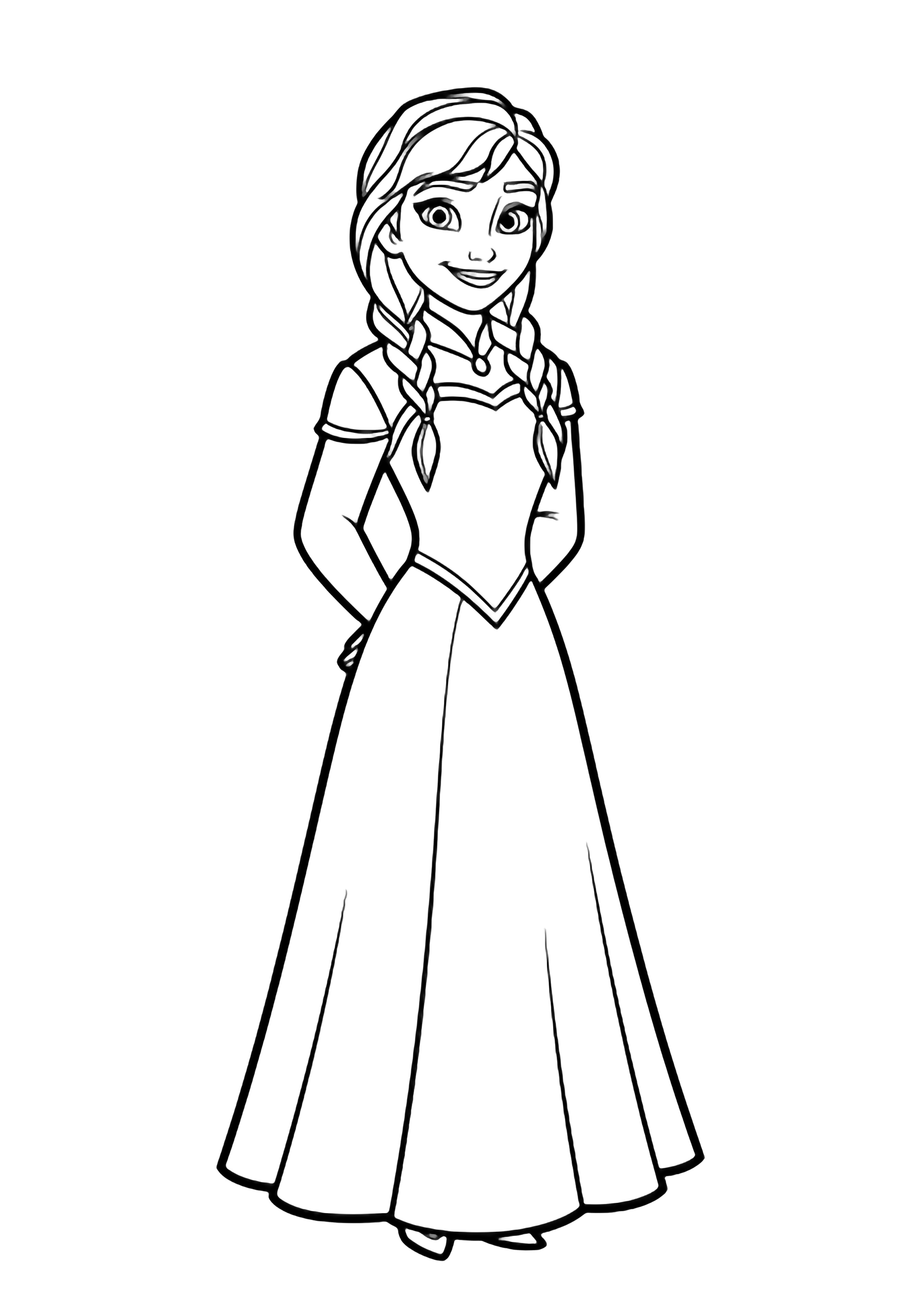 Anna stands centered, hands clasped behind her back, long dress, cheerful smile, hair in simple braided loops. kleurplaat