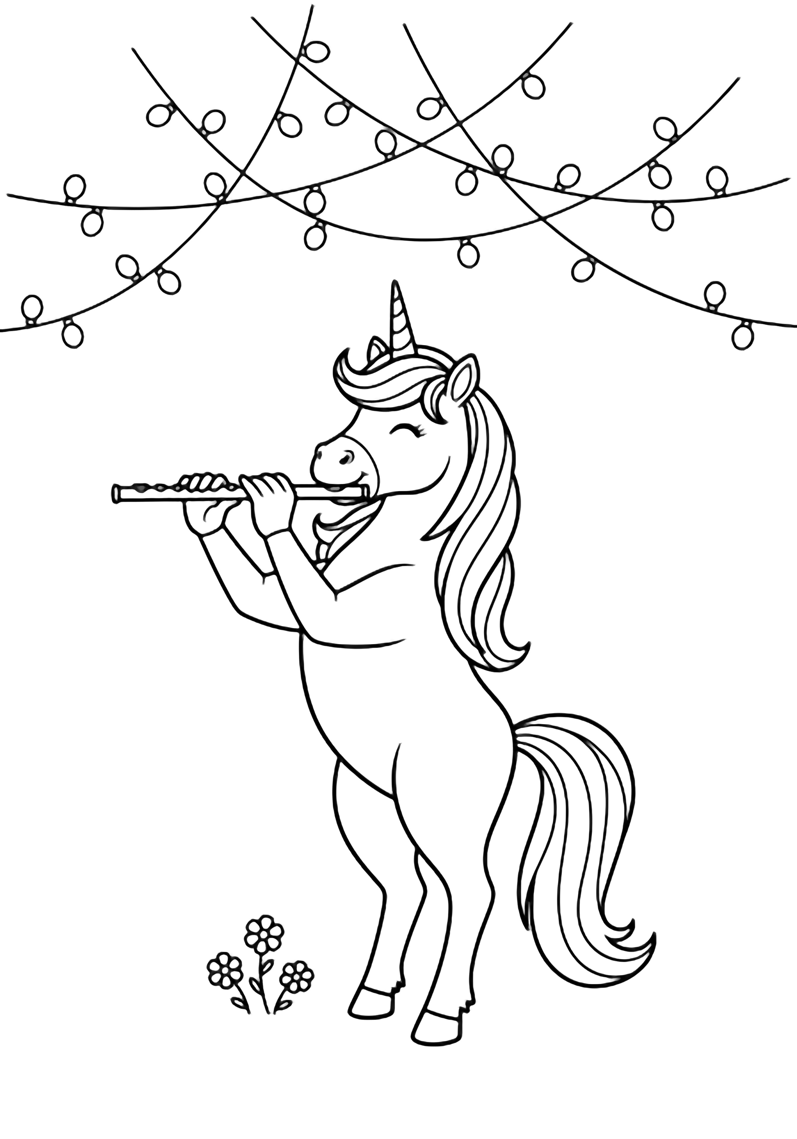 A unicorn rears up playing a flute under looping fairy-light strings, three small flowers at its feet. kleurplaat