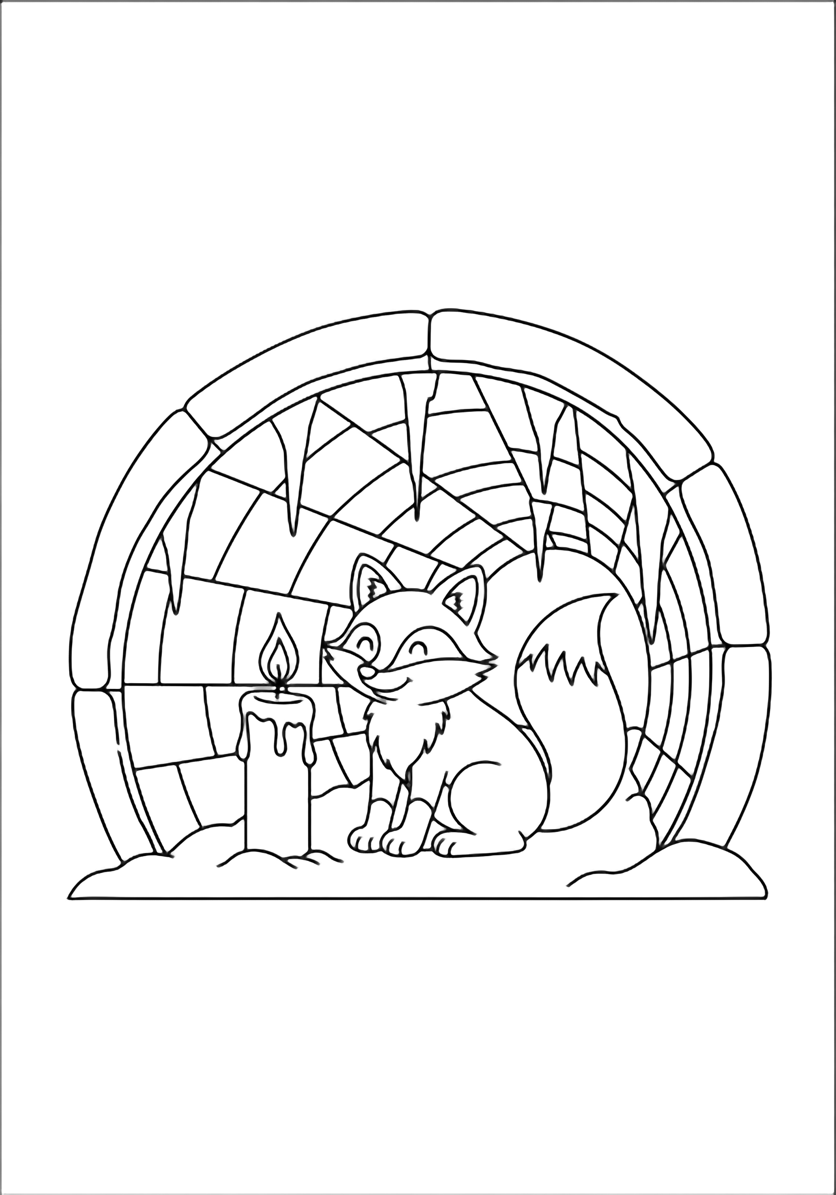 A smiling fox kneels beside a tall candle inside a curved snow tunnel, icicles overhead, snow-block walls. kleurplaat