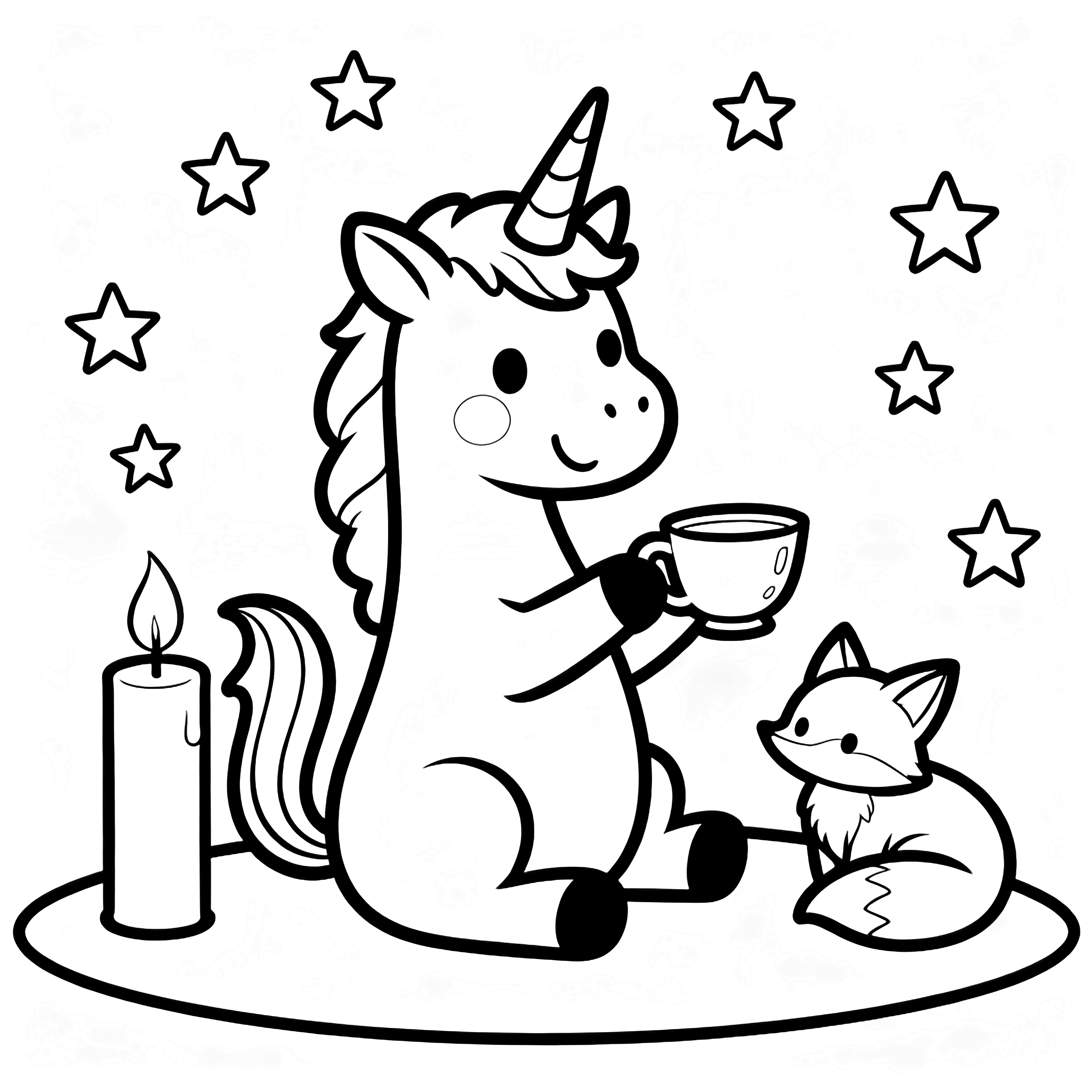 A smiling unicorn sits on its haunches, lifting a teacup with its tail; a stubby candle flickers nearby and a petite fox curls opposite, all enclosed by simple stars and a rounded ground line. kleurplaat