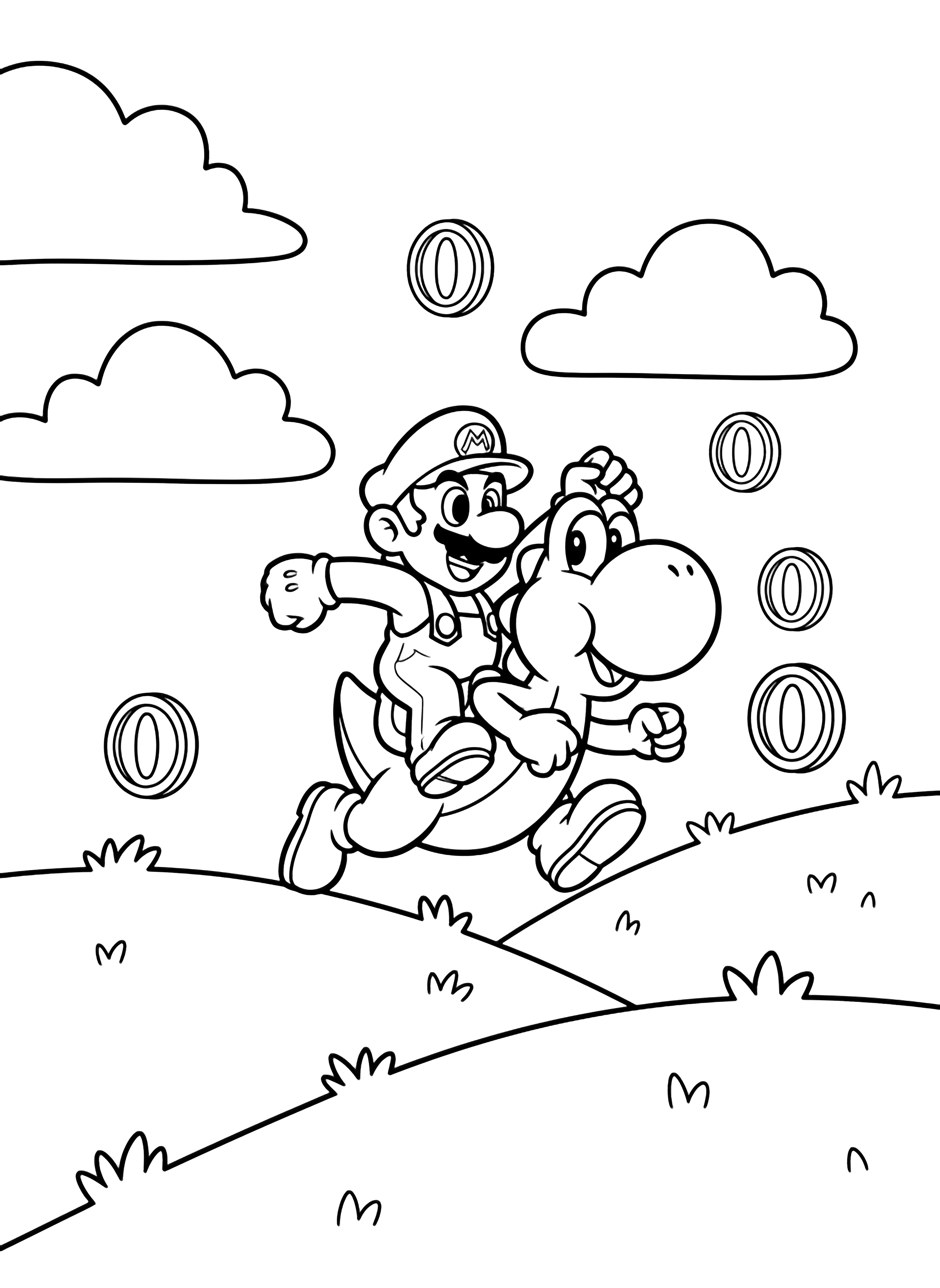 Mario rides Yoshi across gentle hills dotted with grass clumps; puffy clouds drift above and large coin circles hover in the air. kleurplaat