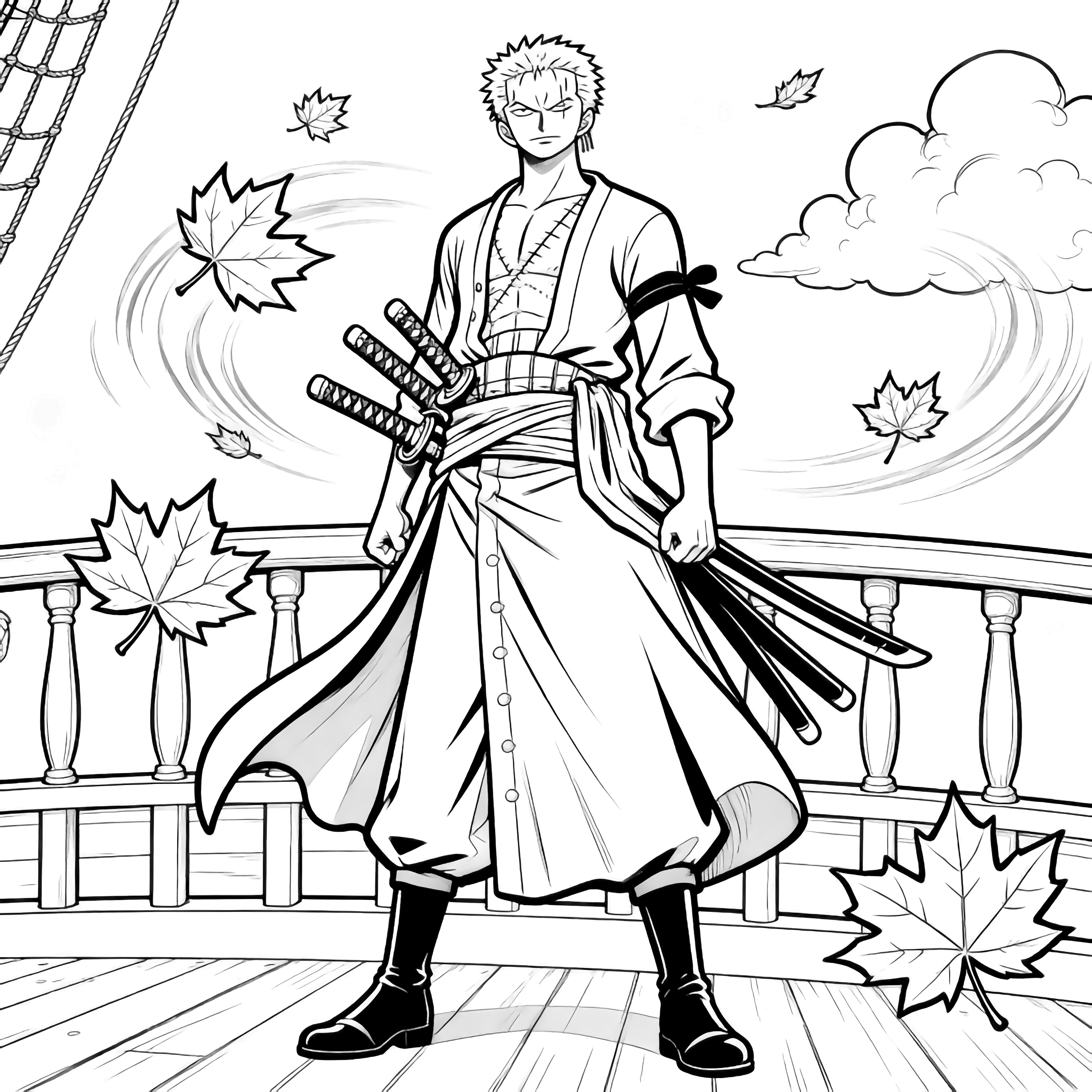 Zoro leunt tegen een schipreling, jas wapperend, drie zwaarden aan zijn heup, esdoornbladeren die om hem heen dwarrelen, wolken die achter hem afdrijven. kleurplaat