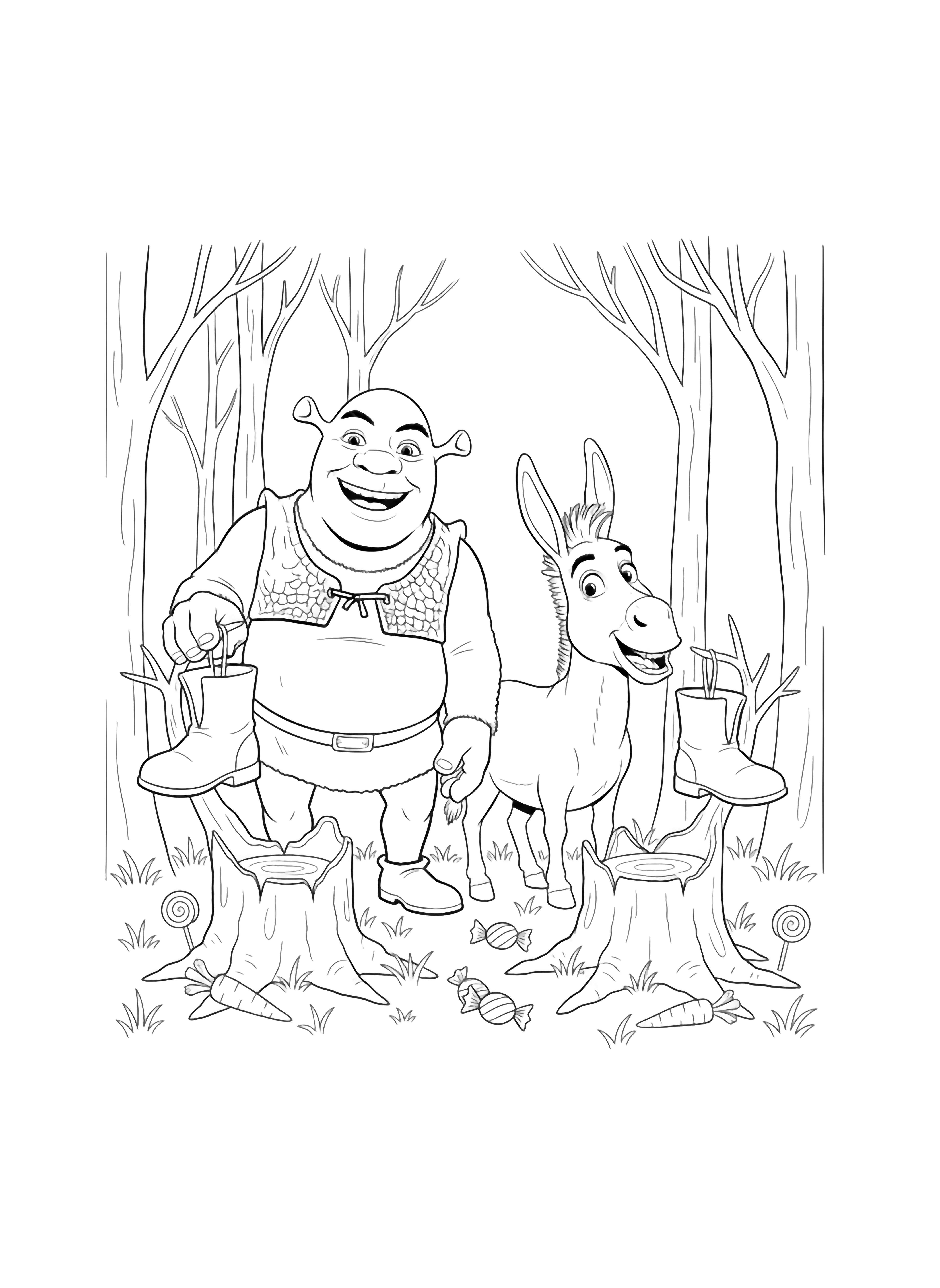Shrek and Donkey hang empty boots on tree stumps in a clearing, surrounded by bare trees, grass tufts, outlined sweets and carrots. kleurplaat