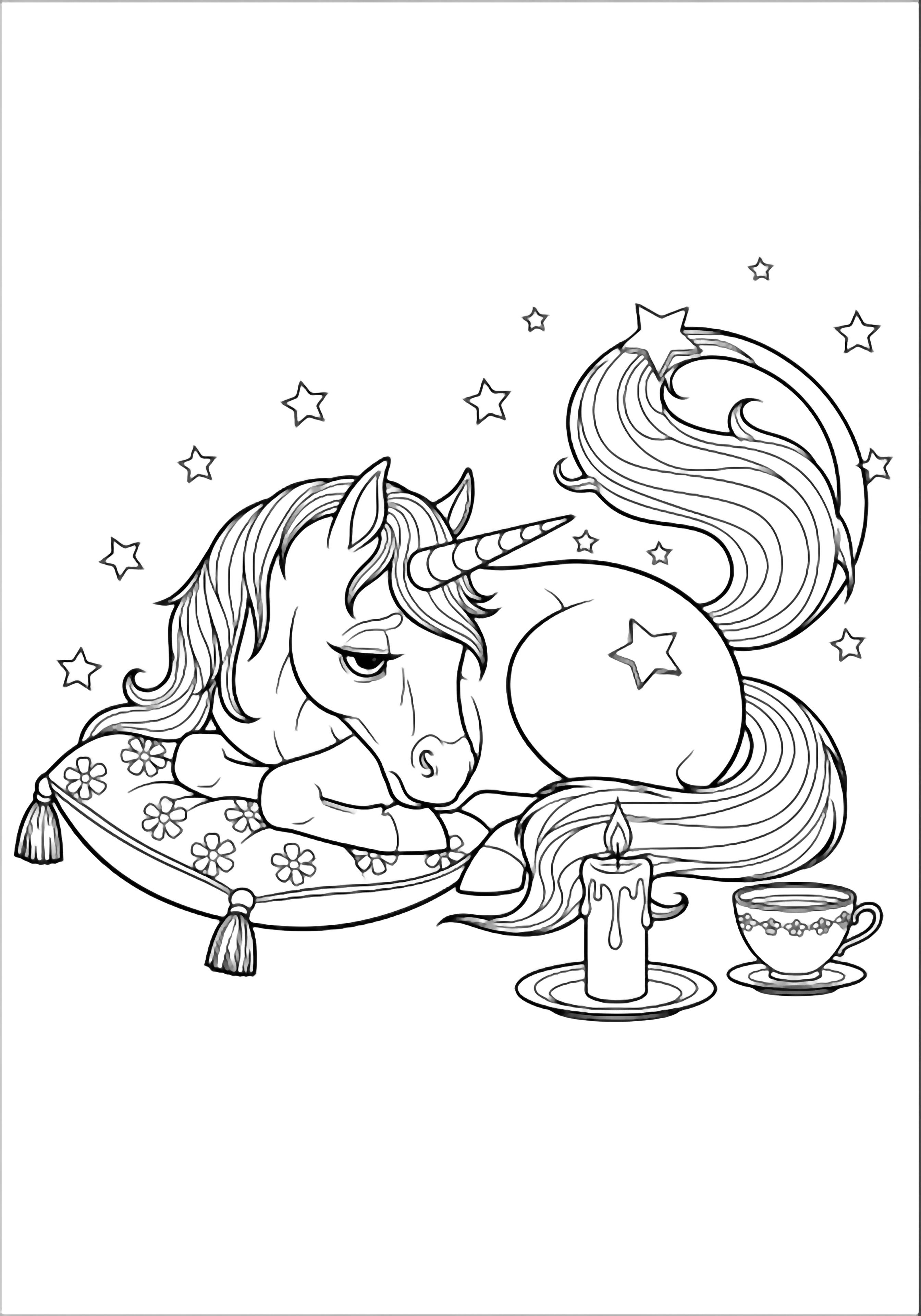 A sleepy unicorn curled on a cushion, tail encircling a candle and teacup beneath scattered stars. kleurplaat