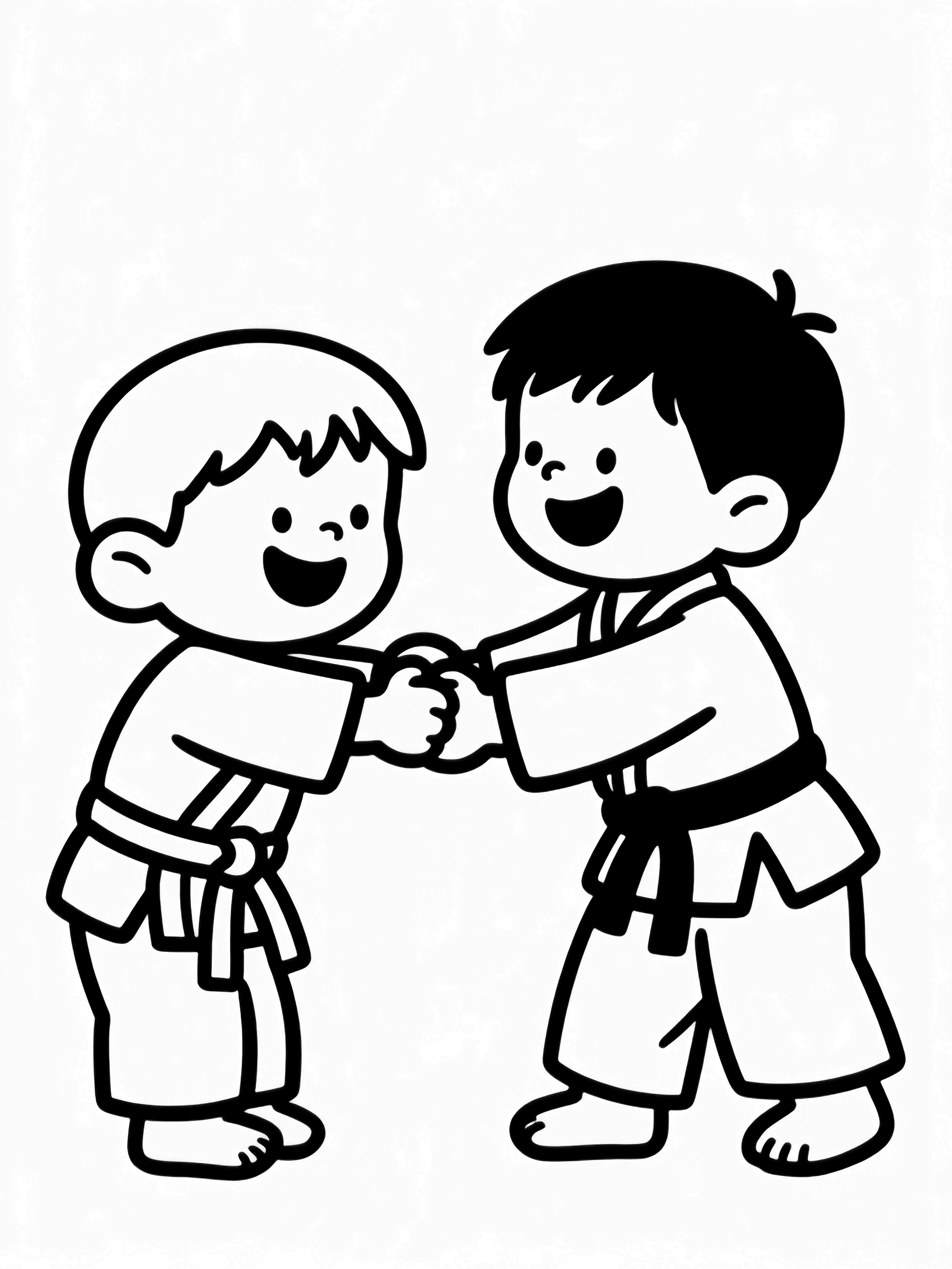 Two smiling children in judo uniforms bow, one gently flipping the other in a simple hold. kleurplaat