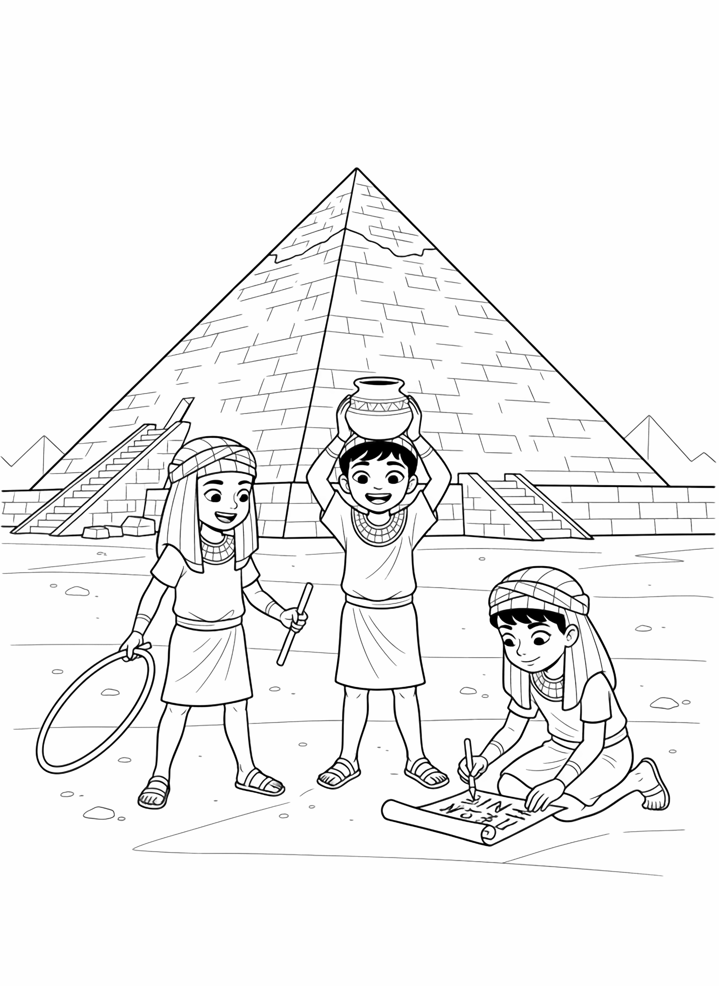 A black and white page showing happy children in ancient Egyptian times Three cheerful kids wearing simple linen tunics and striped headcloths play near a giant pyramid under construction One child rolls a wooden hoop with a stick another carries a small clay pot on their head and the third is drawing hieroglyphs in clean black and white line drawing minimal shading no colour no fill kleurplaat