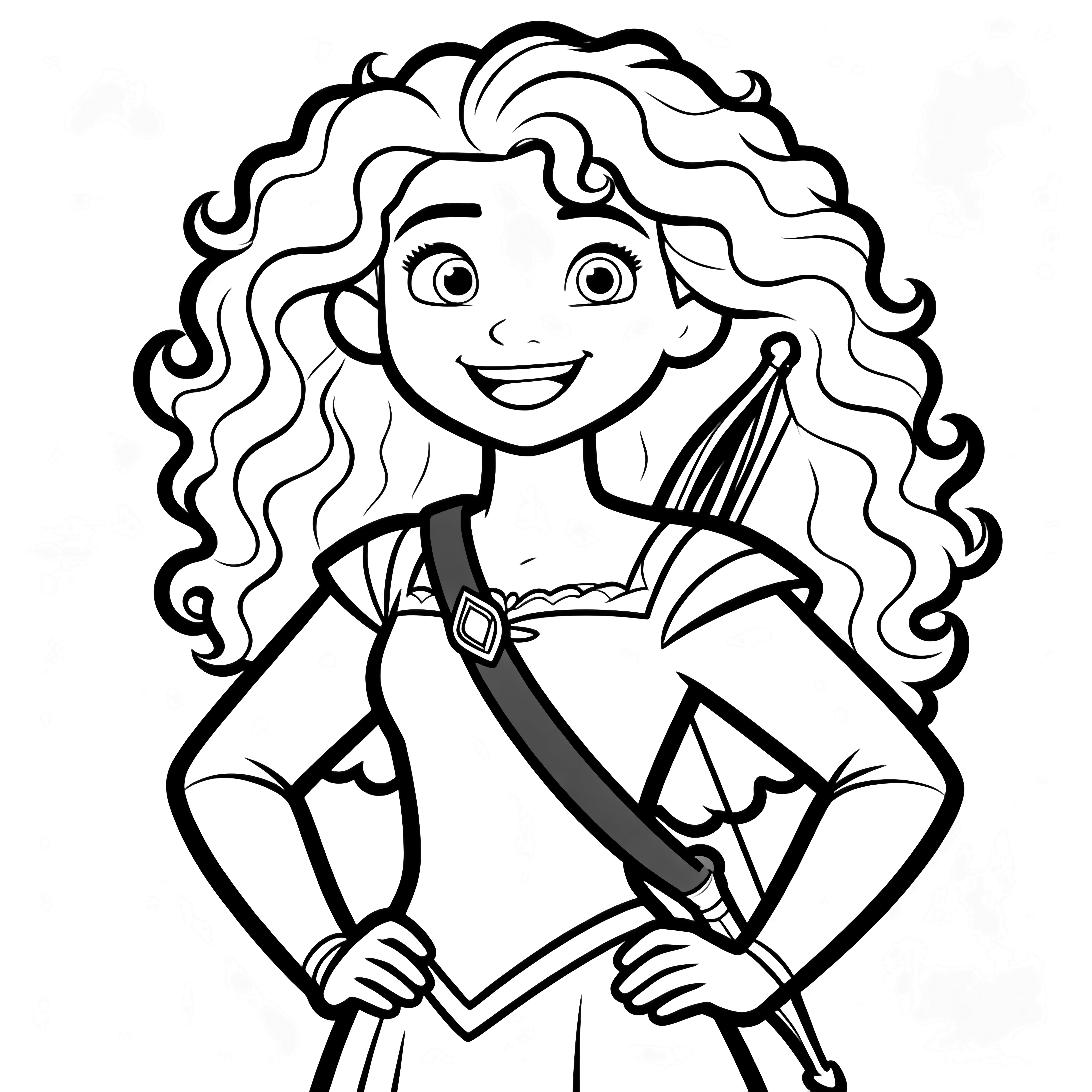 Merida stands centered, curly hair flowing in simple bold waves, cheerful smile, bow slung across chest, hands resting on hips. kleurplaat