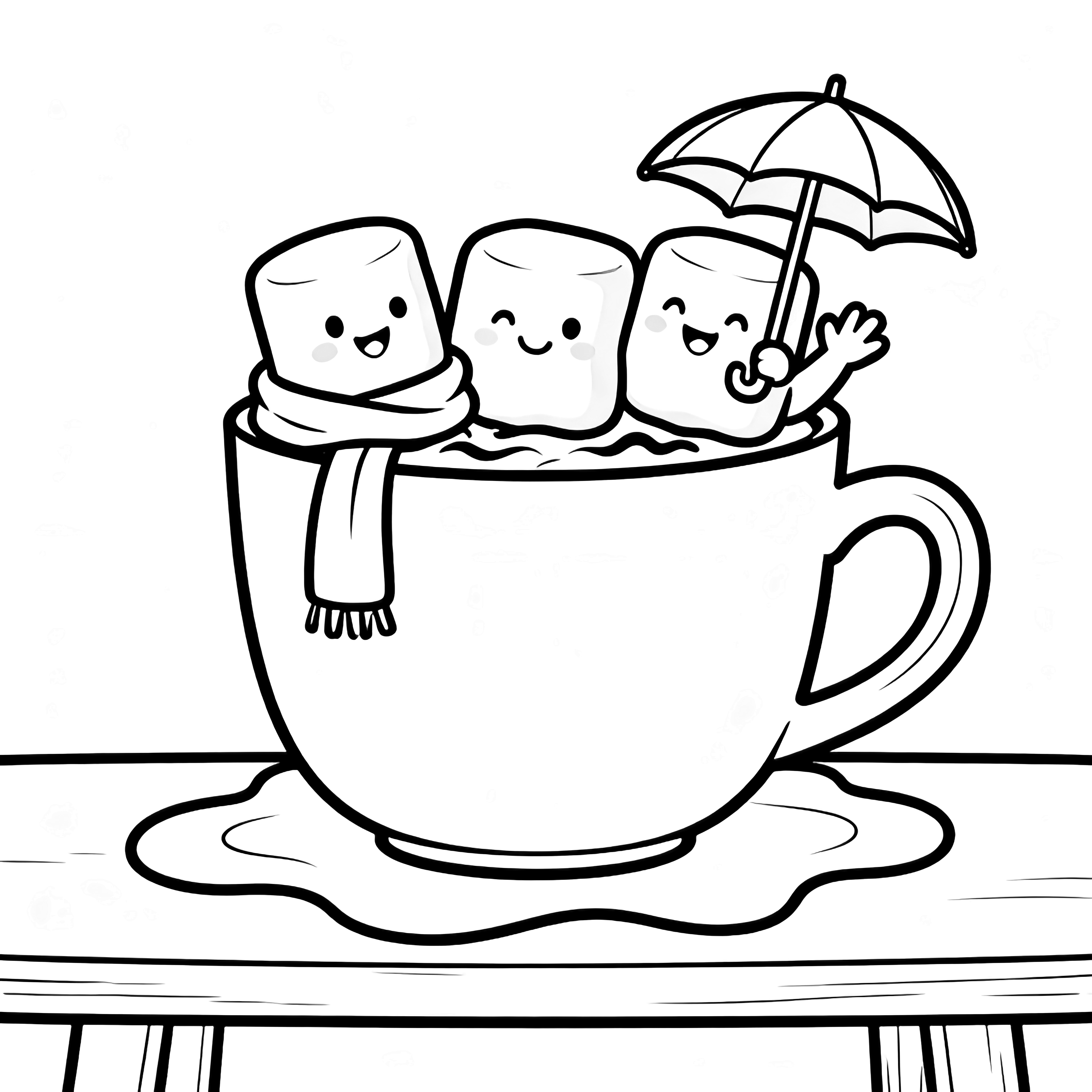 Three cheerful marshmallows in a giant mug-one in a scarf, one with a tiny umbrella, one waving-on cocoa waves beside a simple table. kleurplaat