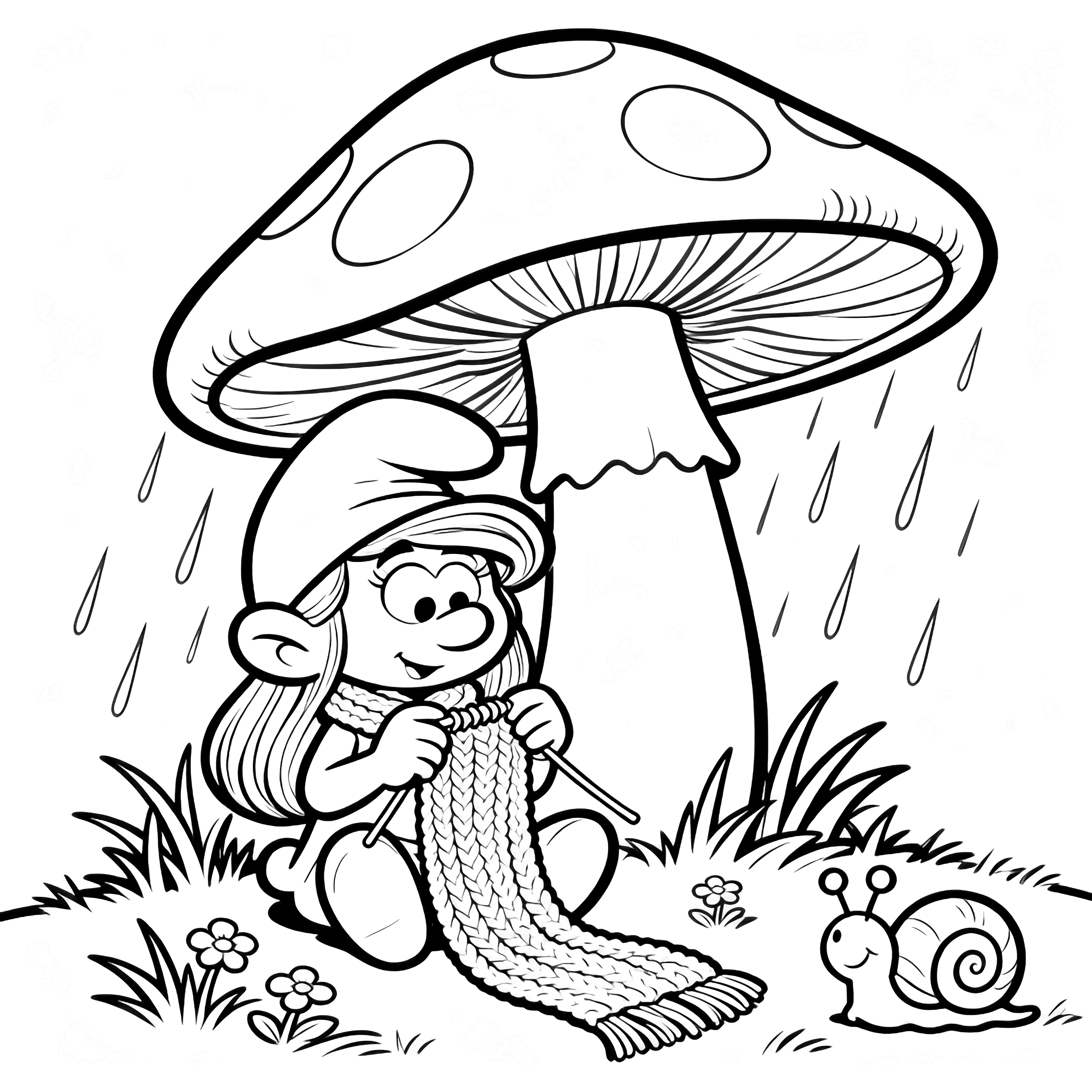 Smurfette sits under a giant mushroom knitting a scarf while rain falls, grass, tiny flowers, and a happy snail surround her. kleurplaat
