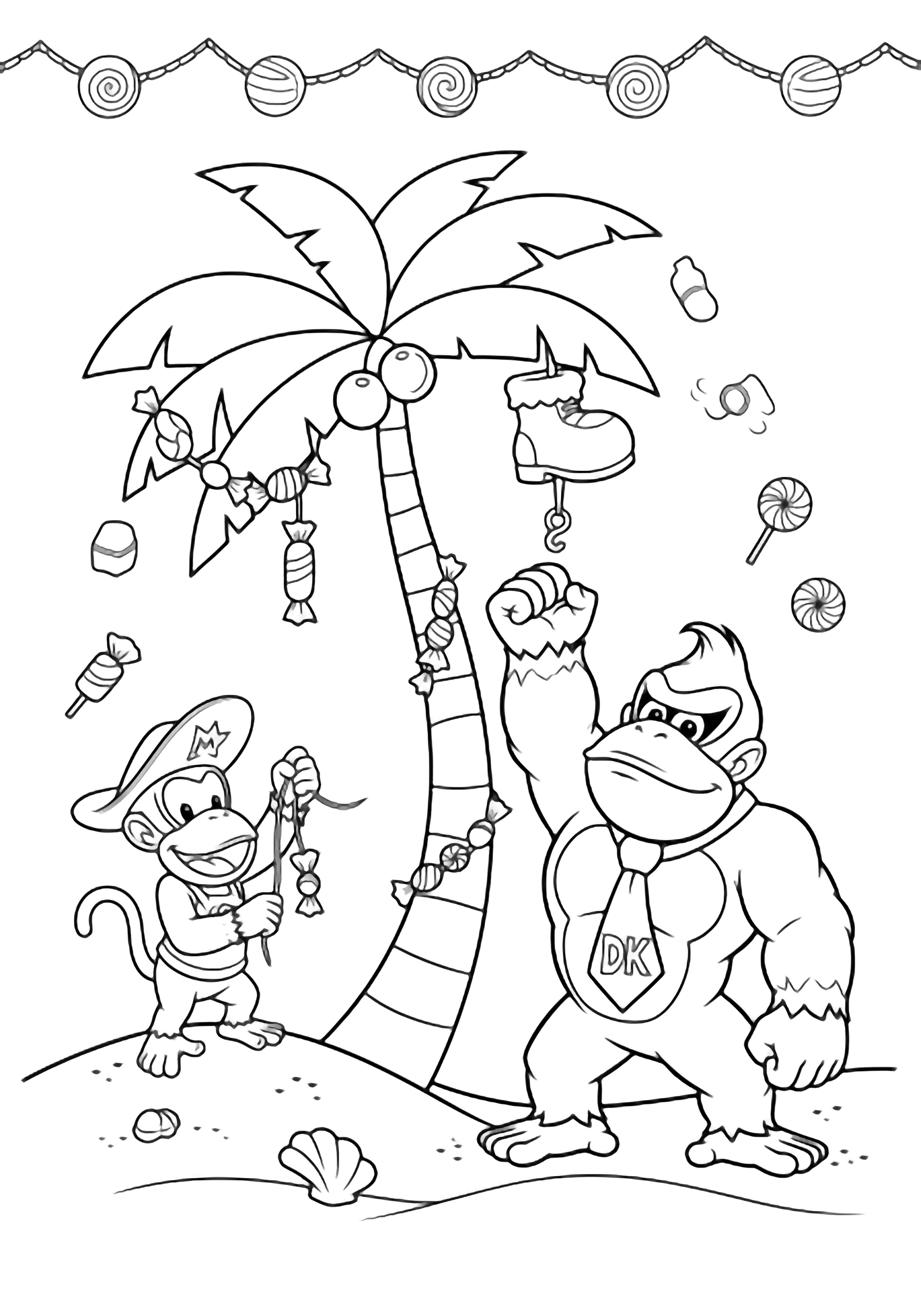 Donkey Kong hangs a boot ornament while Diddy Kong strings candy on a curved palm; sand, shells, and falling sweets frame the playful duo. kleurplaat