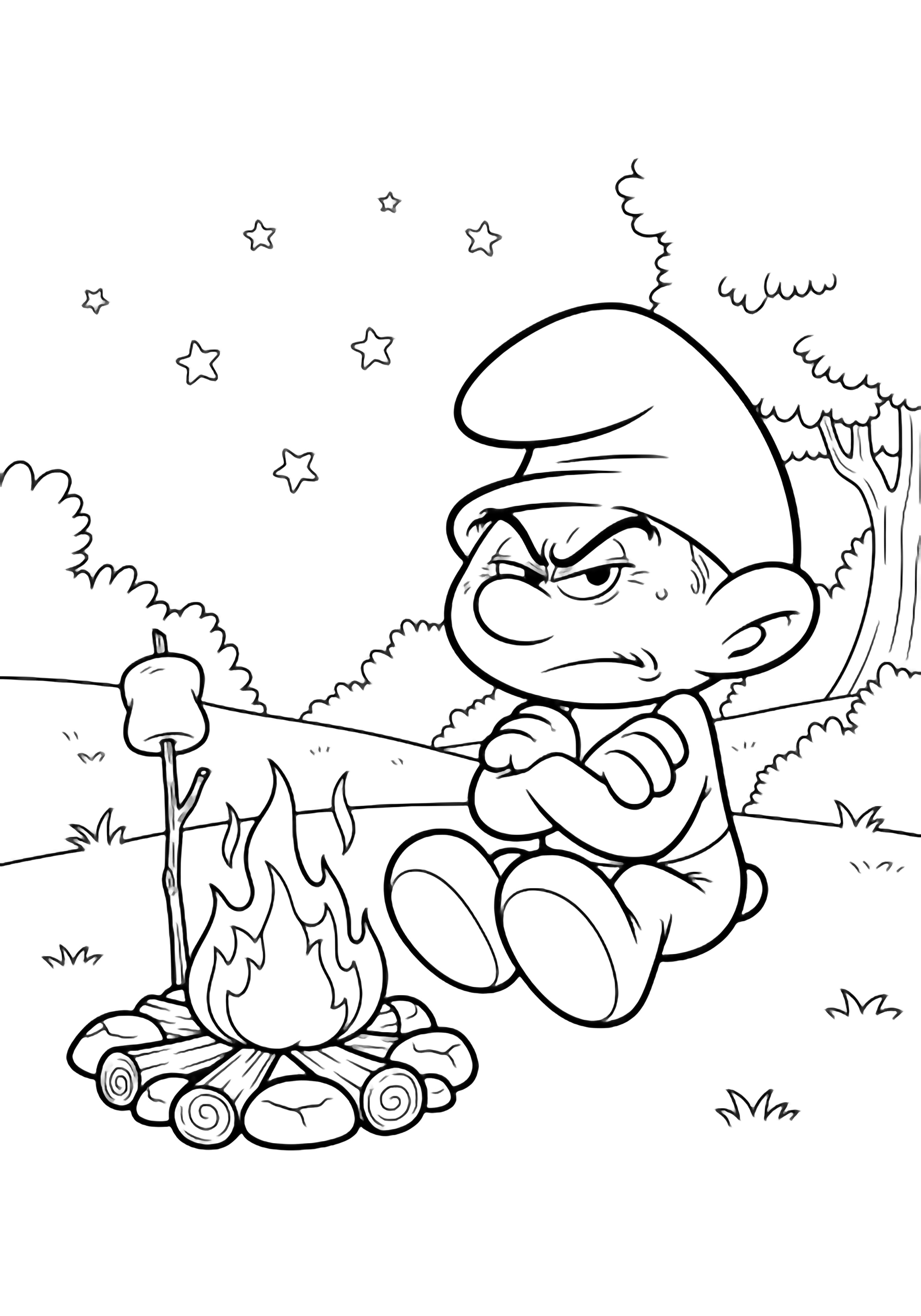 Grouchy Smurf sits cross-legged by a campfire, arms folded and frowning; an untouched marshmallow on a stick leans nearby, with logs, twiggy flames, a rounded clearing, and a starry sky above. kleurplaat