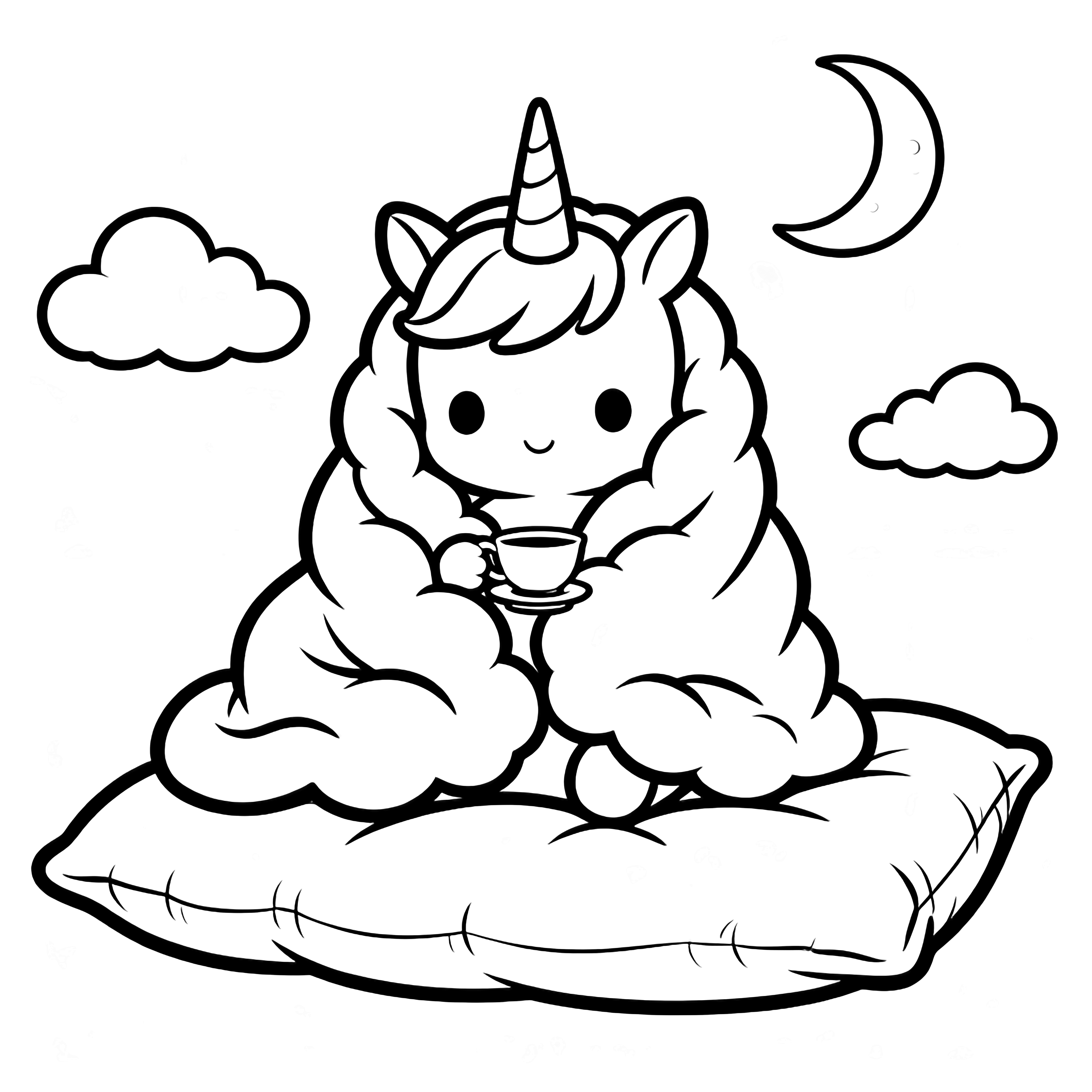 A baby unicorn wrapped in a fluffy blanket sits holding a tiny teacup, with clouds, a crescent moon, and a soft pillow beneath. kleurplaat