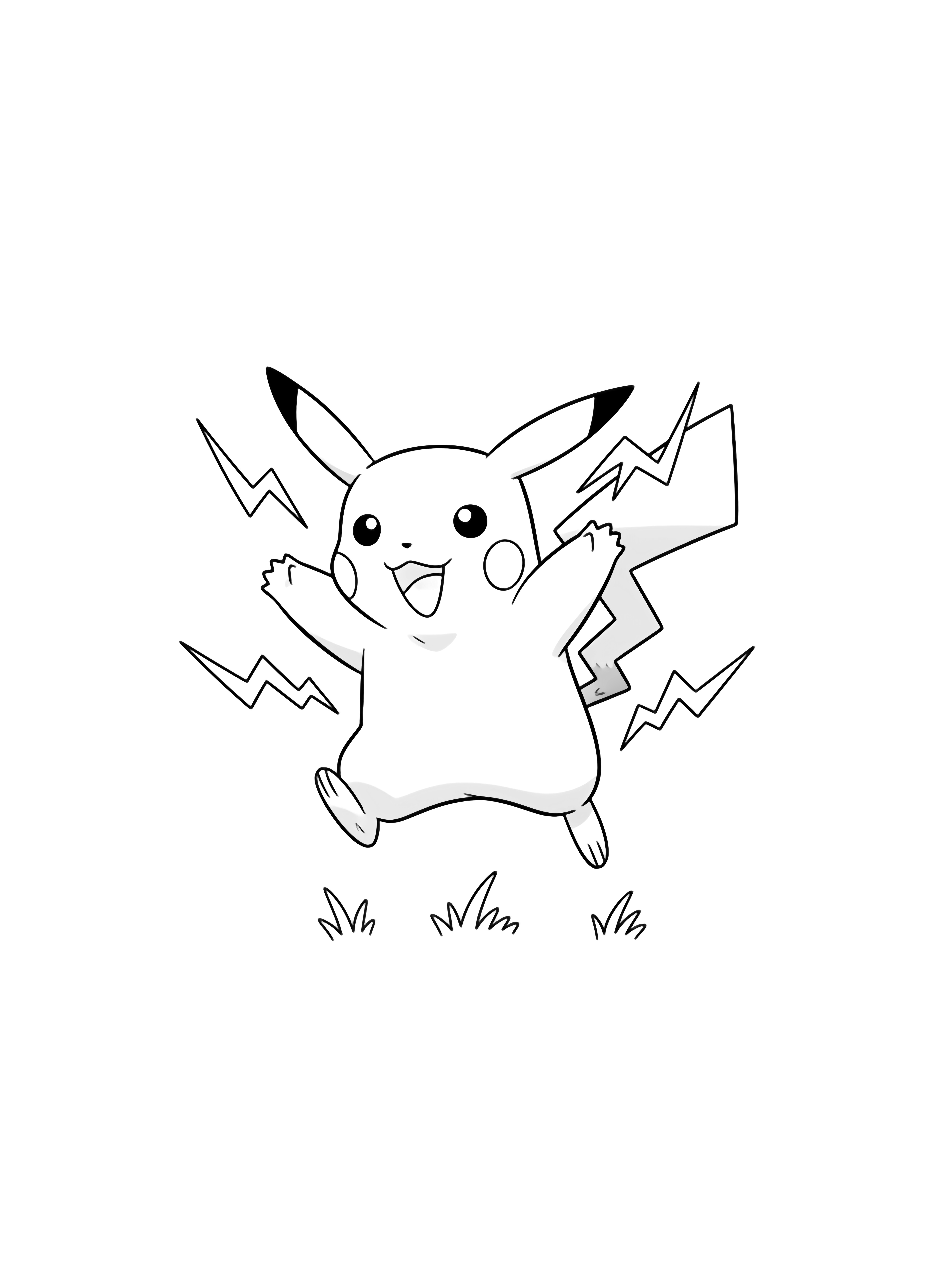 Pikachu midden in een sprong, oren naar achteren, pootjes wijd uitgespreid, bliksemschichten in zigzag eromheen, graspolletjes eronder. kleurplaat
