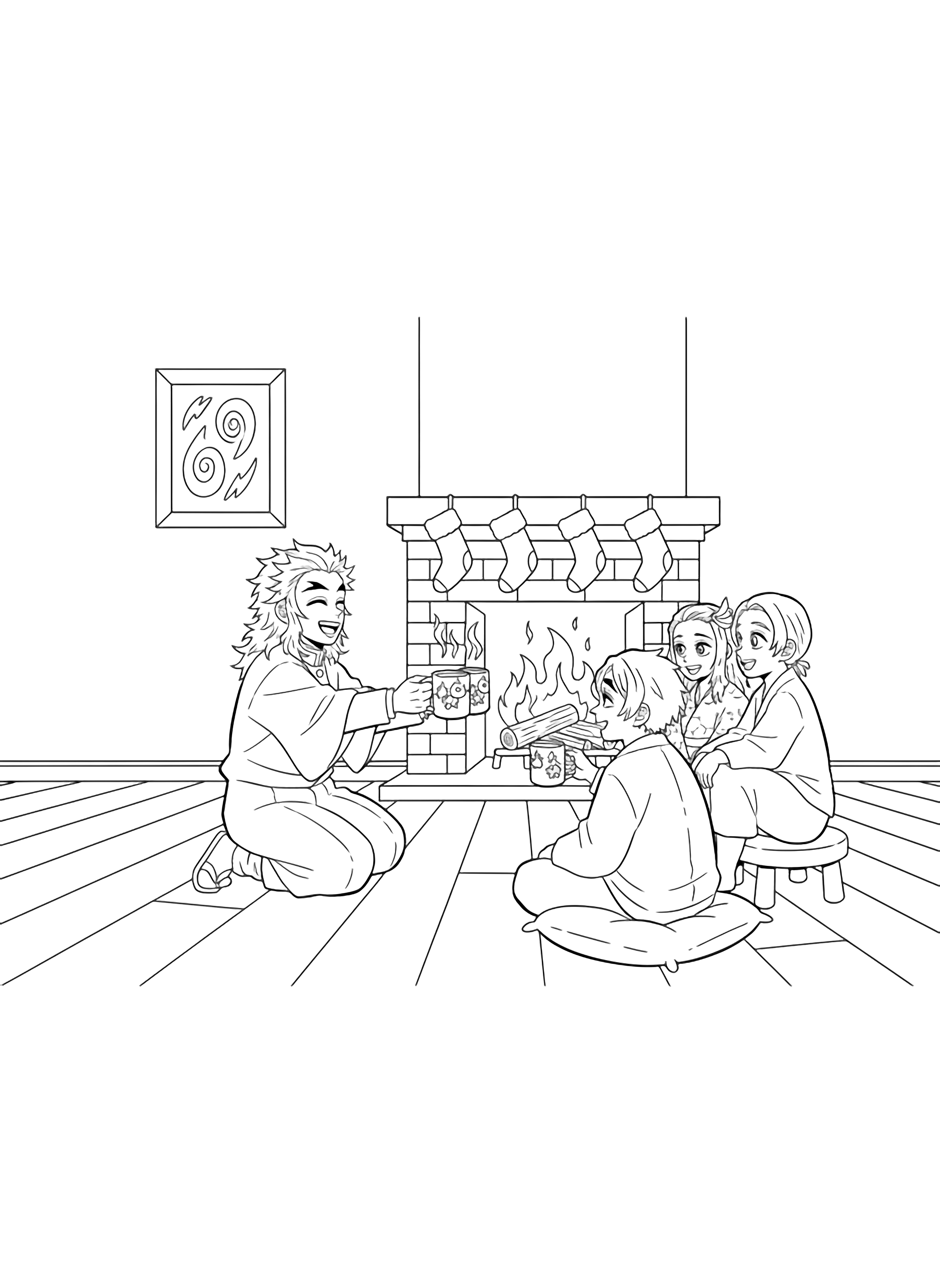 Rengoku kneels, smiling, offering steaming mugs to seated friends beside a crackling fireplace; five empty stockings hang above, a framed picture on the wall, simple wood floor. kleurplaat