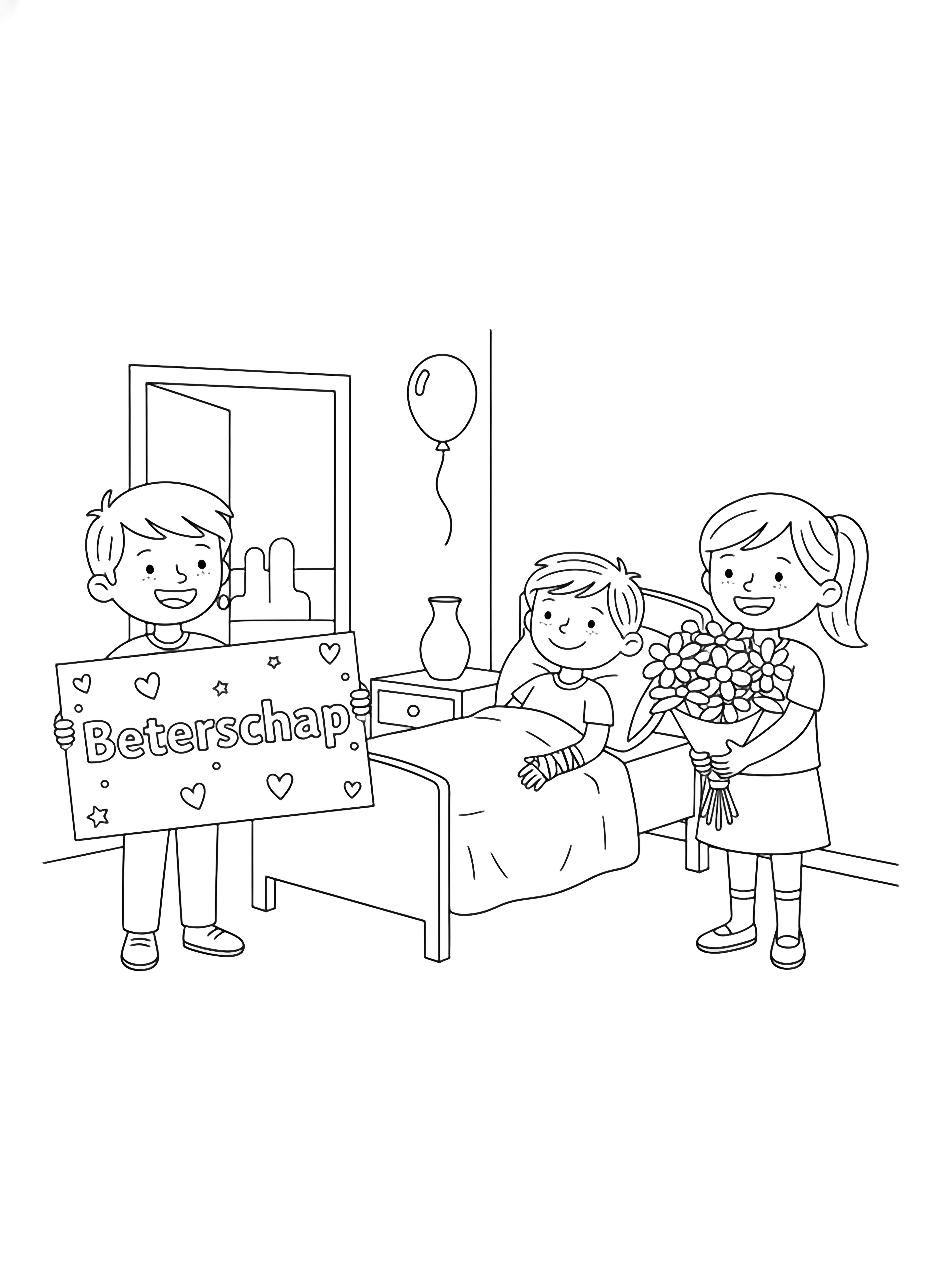 Two smiling children visit an injured friend; one carries a giant "Beterschap" card, the other a bouquet, beside a bed in a simple room with an open door, balloon, and empty vase. kleurplaat