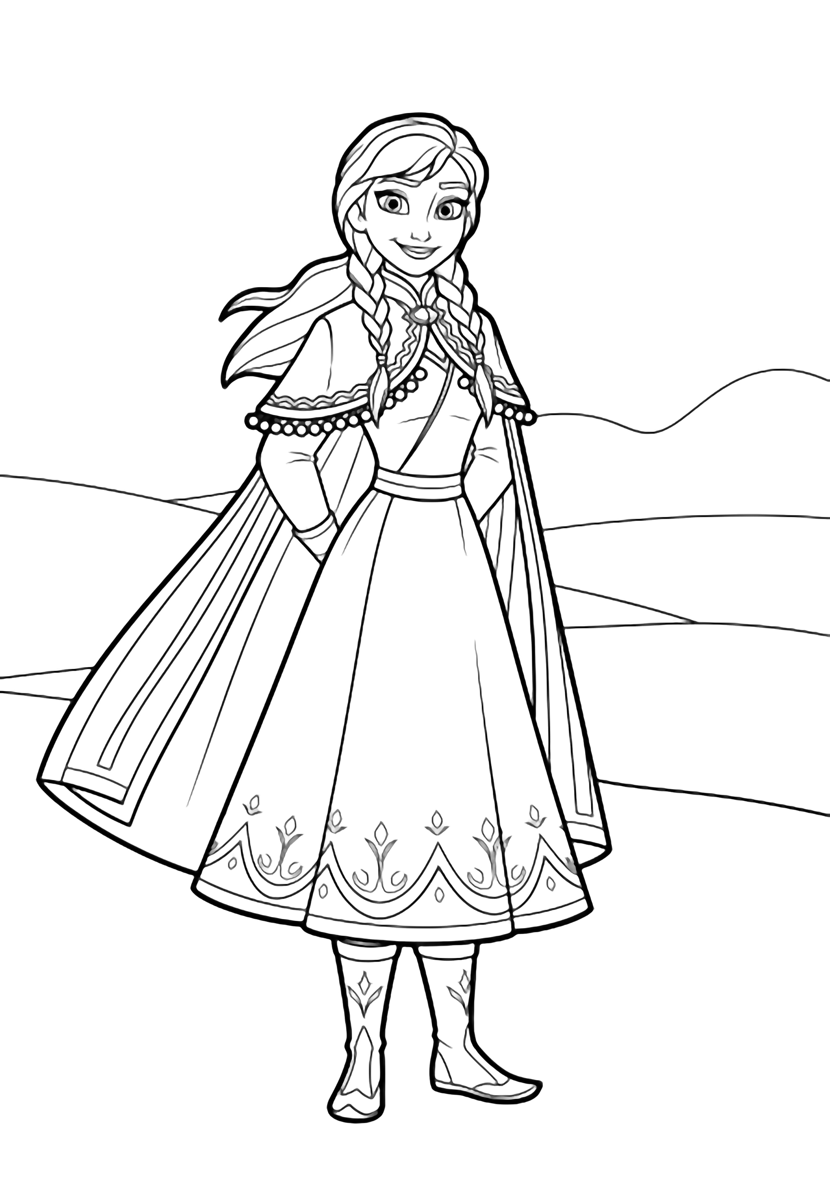 Anna stands centered, feet together, smiling, long striped cape to calves, twin ponytails, simple hillside horizon behind. kleurplaat