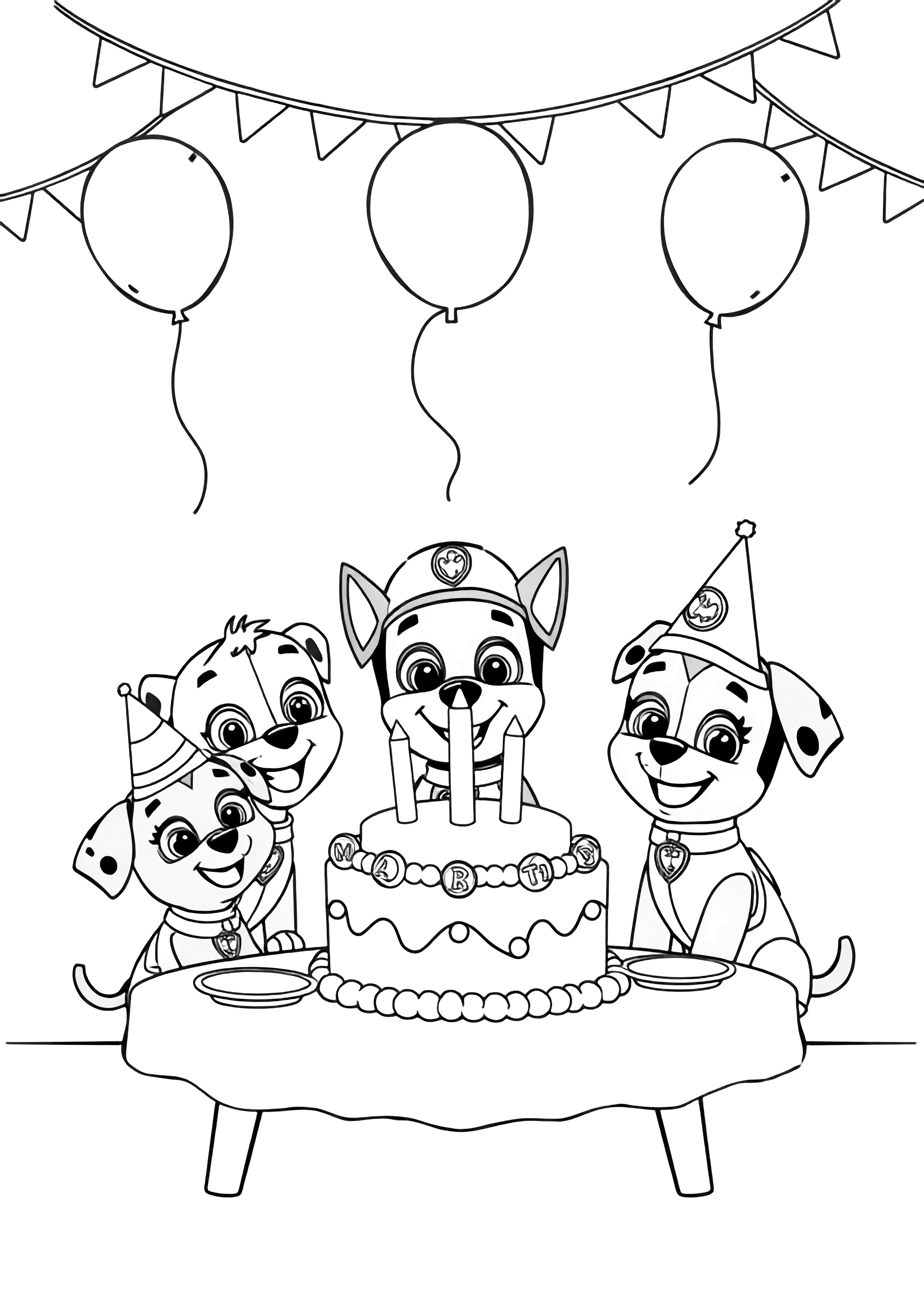 A black and white page showing the PAW Patrol pups celebrating a birthday party The adorable pups wear tiny party hats and gather around a large birthday cake on a simple table balloons float above them and festive bunting banners curve across the top of the scene On the table are simple plates and a clean black and white line drawing minimal shading no colour no fill kleurplaat