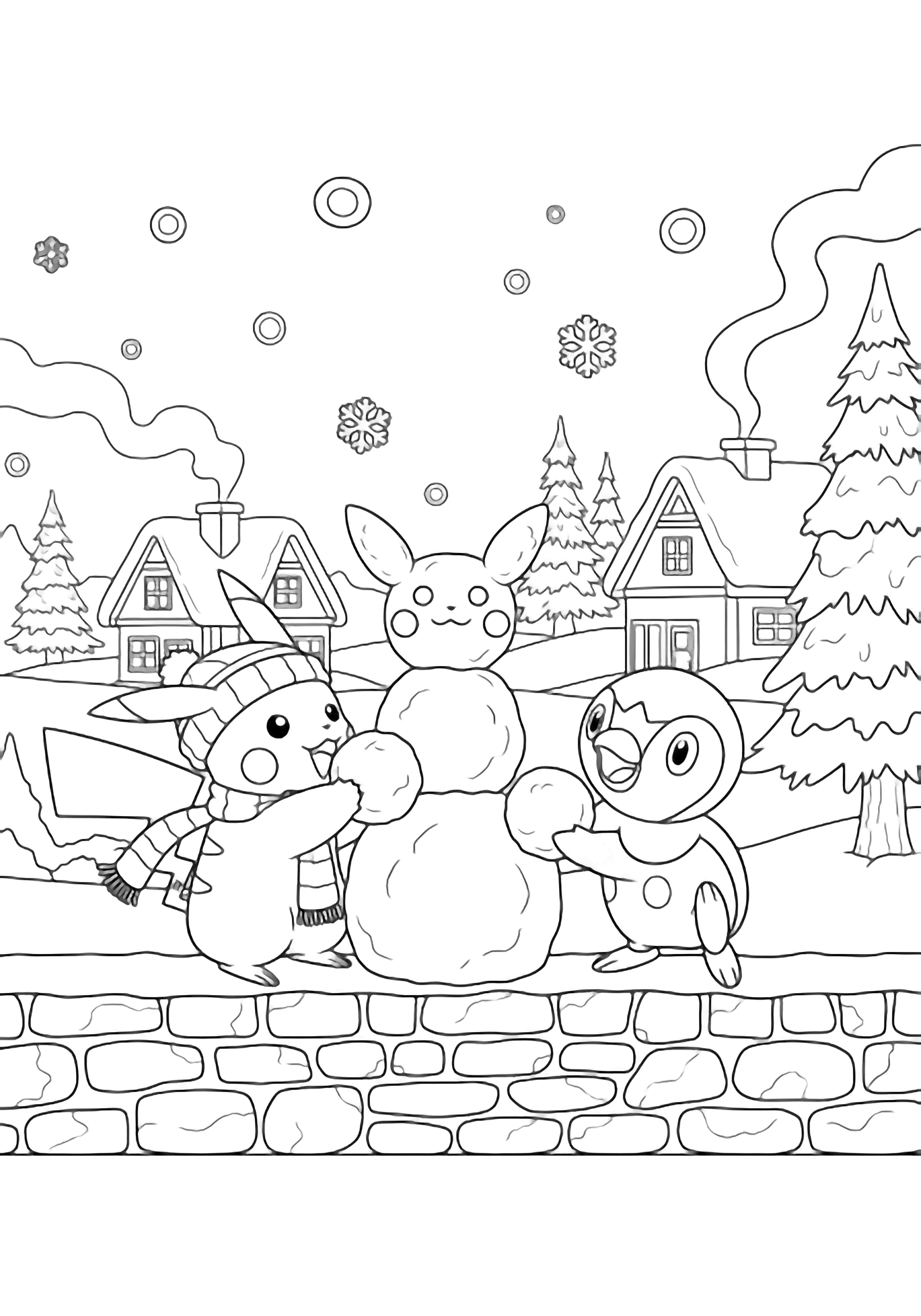 Pikachu and Piplup build a snow-Pikachu in a snowy village, ringed by pine trees, drifting flakes, and stacked stones. kleurplaat