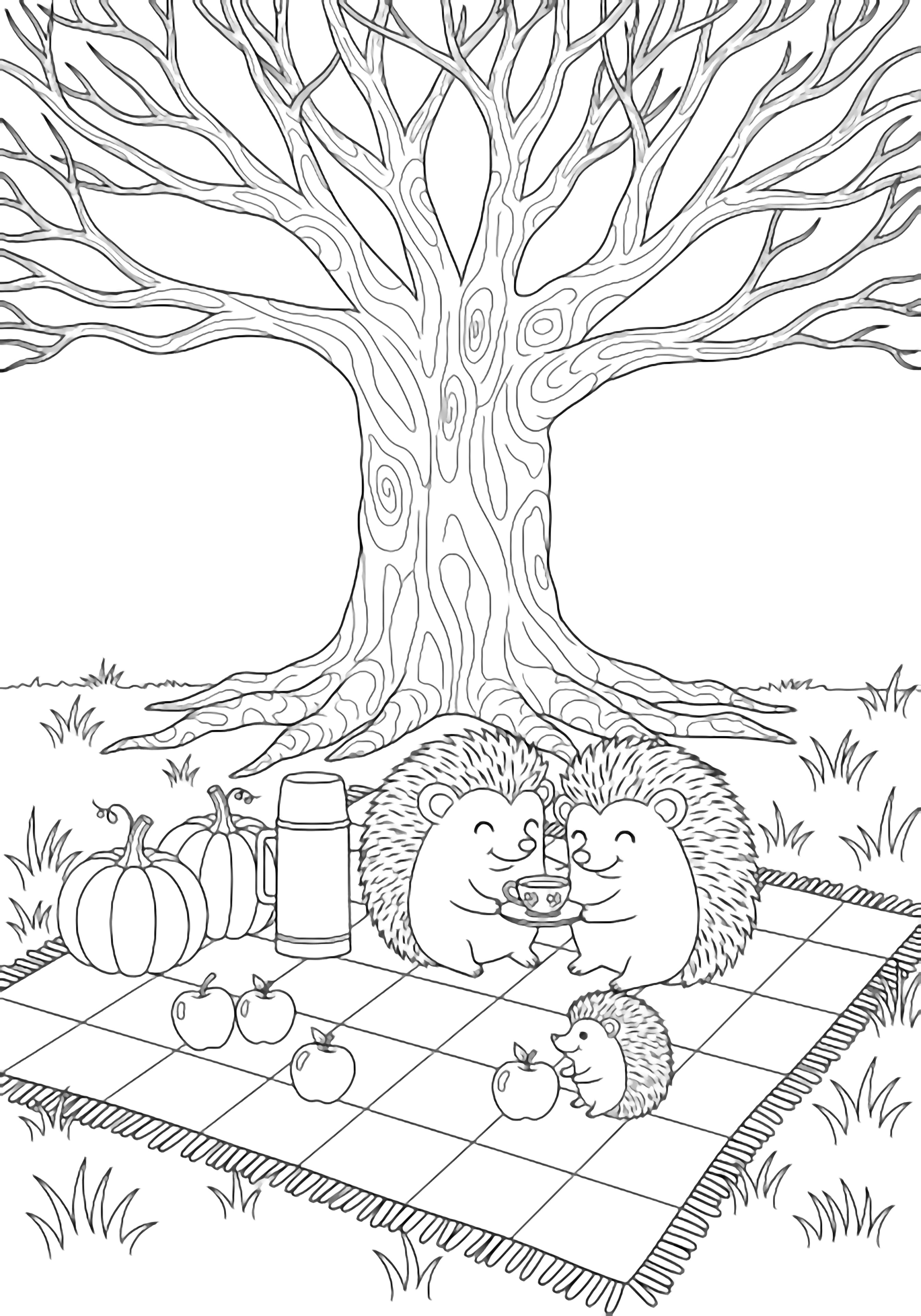 illustration on a Under a big empty tree a checkered blanket spreads; outline of thermos two plump pumpkins three apples and a smiling hedgehog family two adults holding a tiny teacup one child rolling an apple simple grass no fills all spaces white and colorable kleurplaat