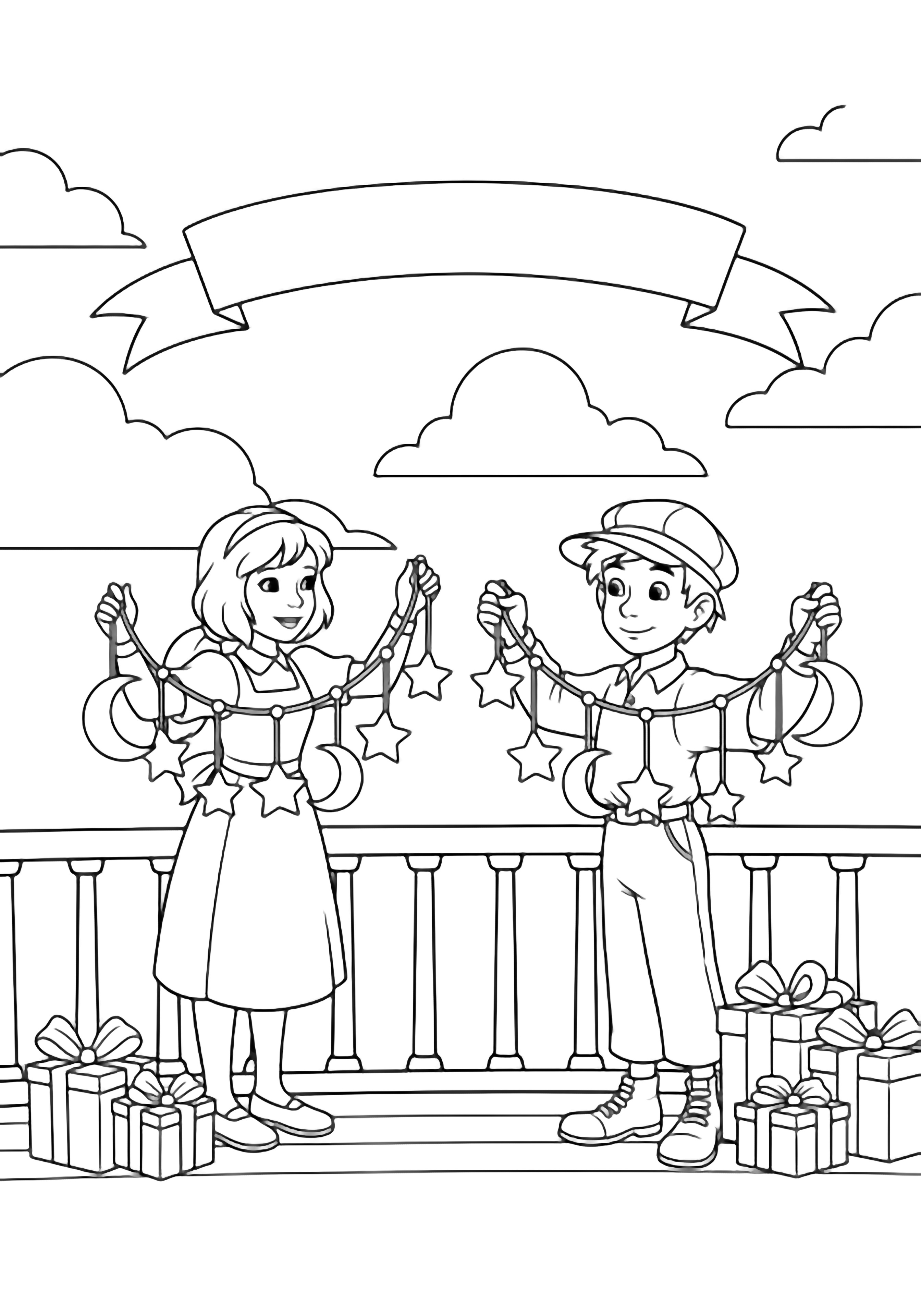 Sheeta and Pazu hang star and moon garlands along an airship rail, clouds drifting above, blank banner and wrapped gifts nearby. kleurplaat