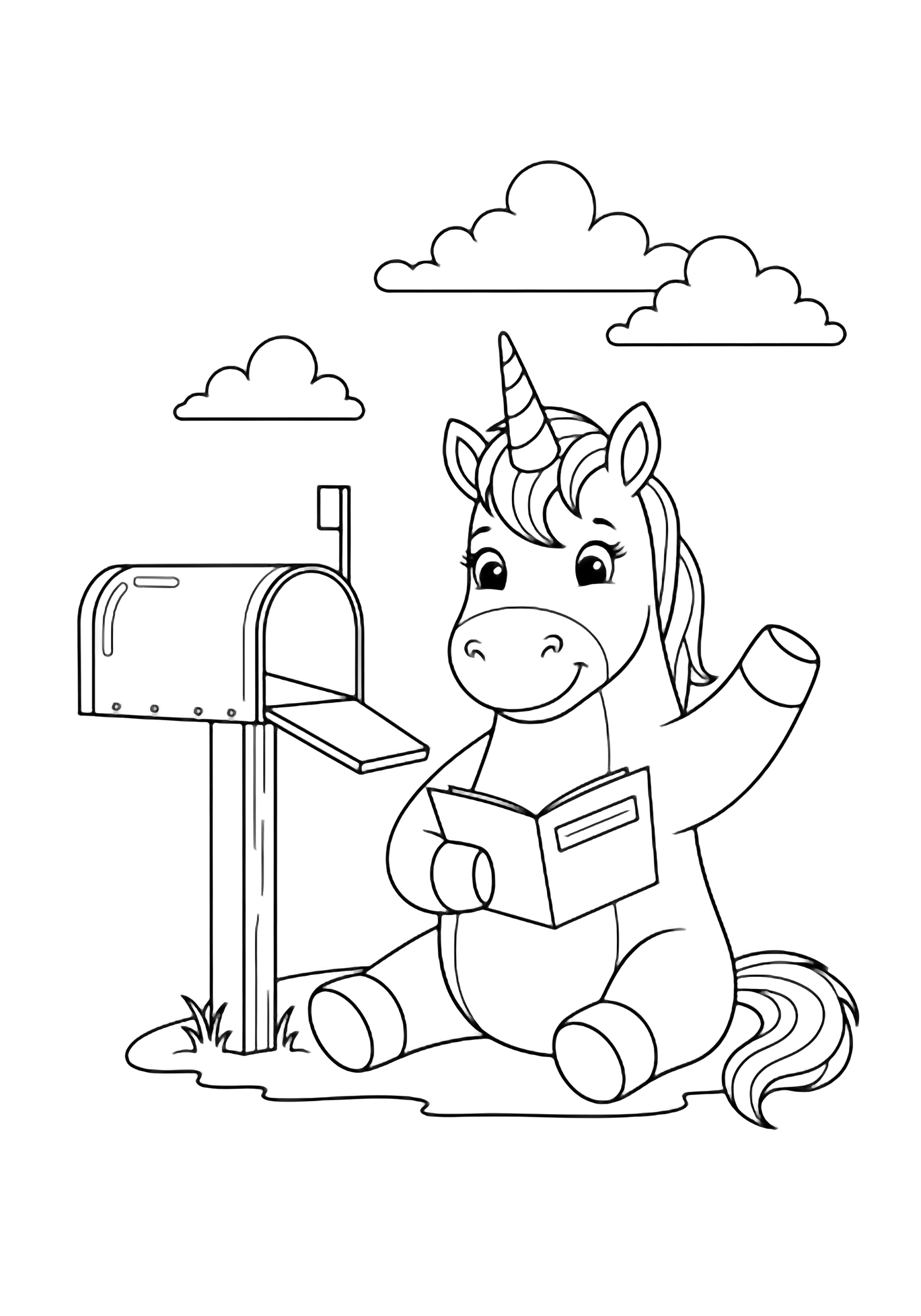 A smiling unicorn sits beside a mailbox, holding an open card and waving, with fluffy clouds above. kleurplaat