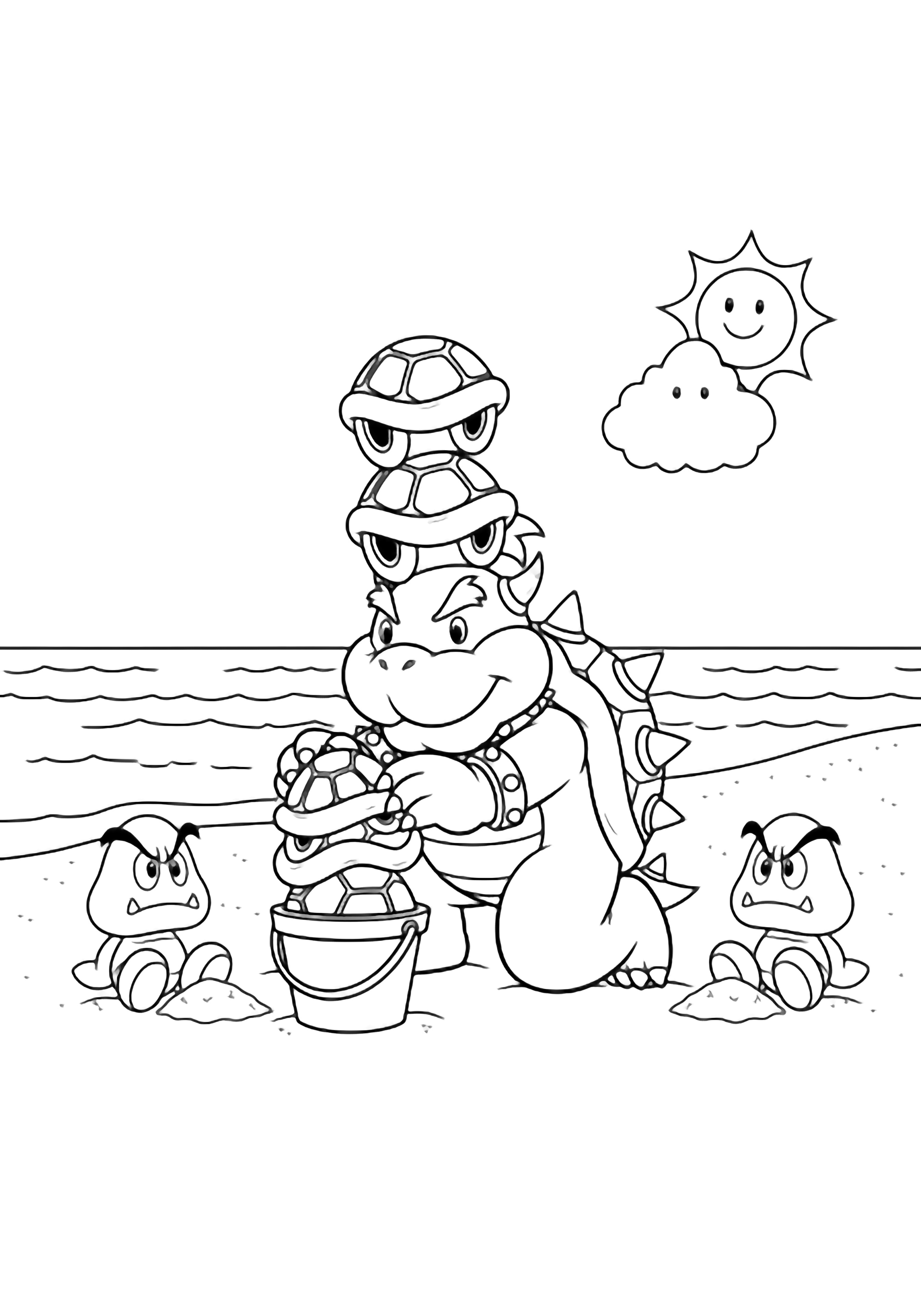 Bowser Jr kneels stacking three Koopa shells; two Goombes pat sand beside him on a wavy shoreline under a tiny cloud and smiling sun. kleurplaat